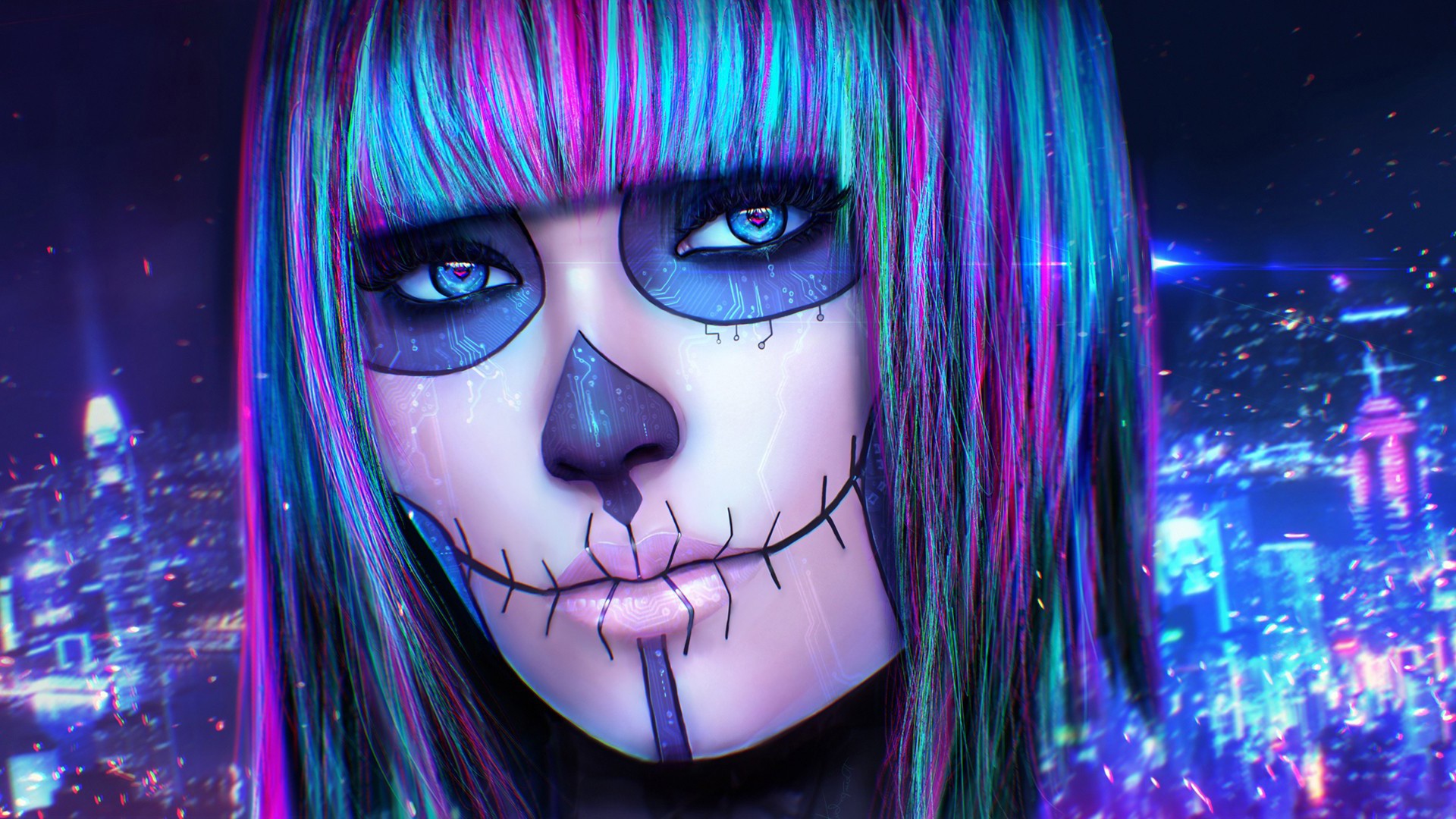 Futuristic Dia de los Muertos Woman with Neon City Background HD Wallpaper