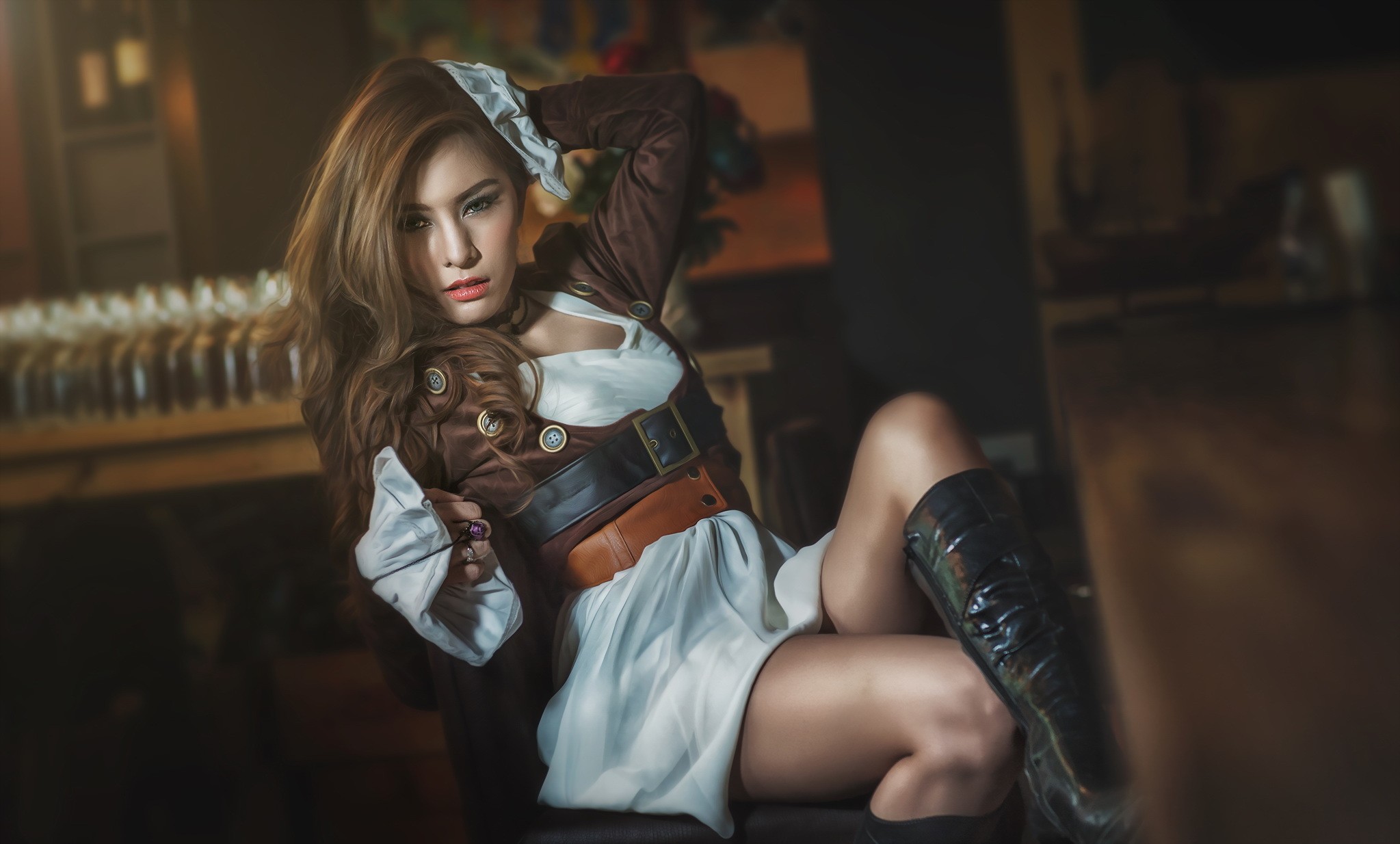 Asian woman in pirate costume sitting in a chair HD Wallpaper