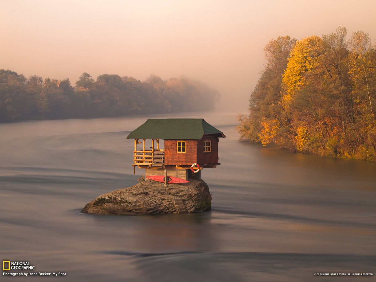 House on a rock in a river in Serbia HD Wallpaper