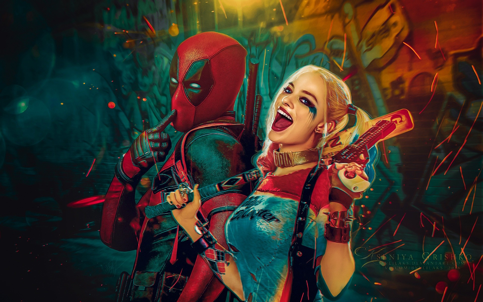 Deadpool and Harley Quinn with guns HD Wallpaper