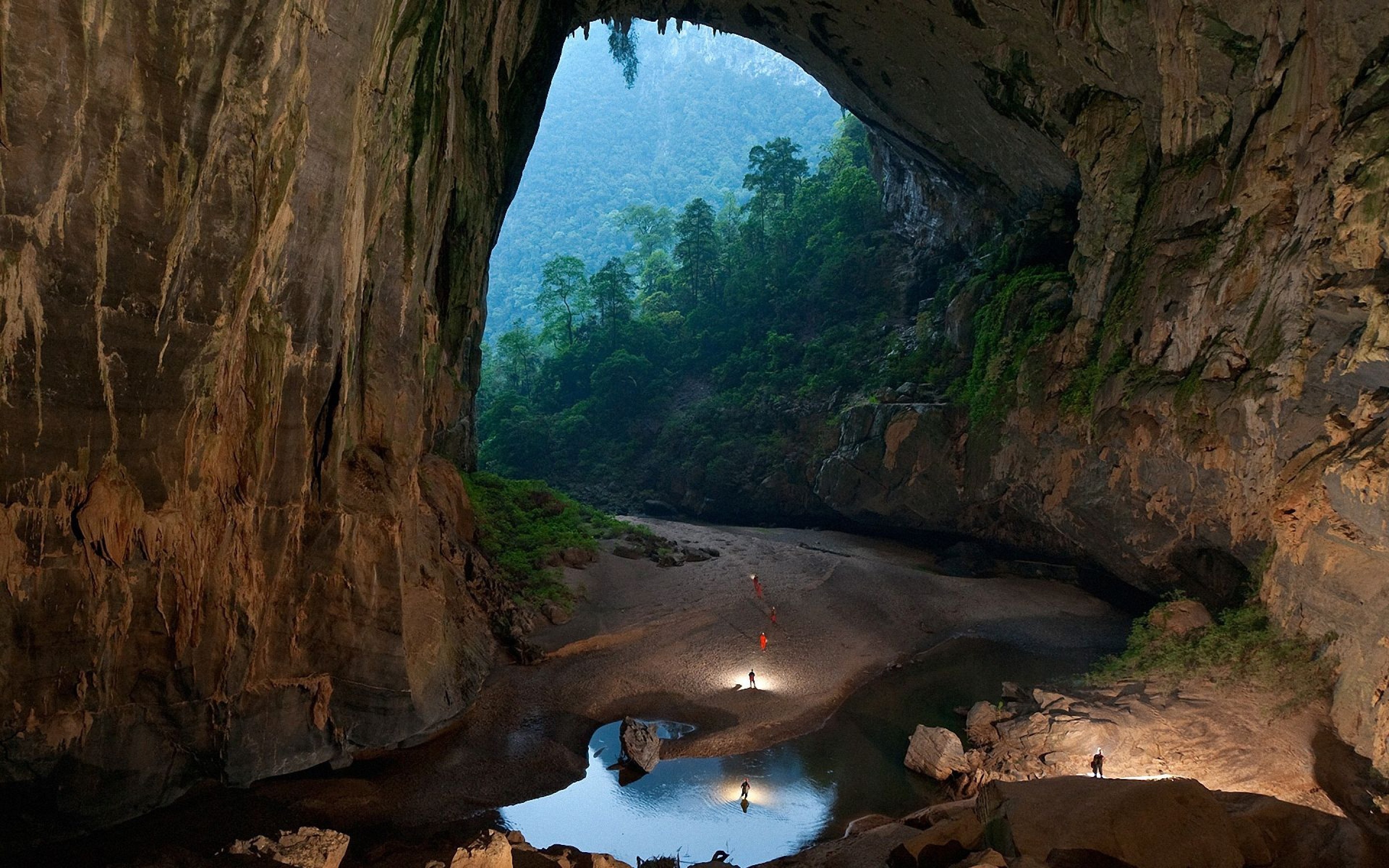Massive cave opening revealing a lush jungle landscape HD Wallpaper