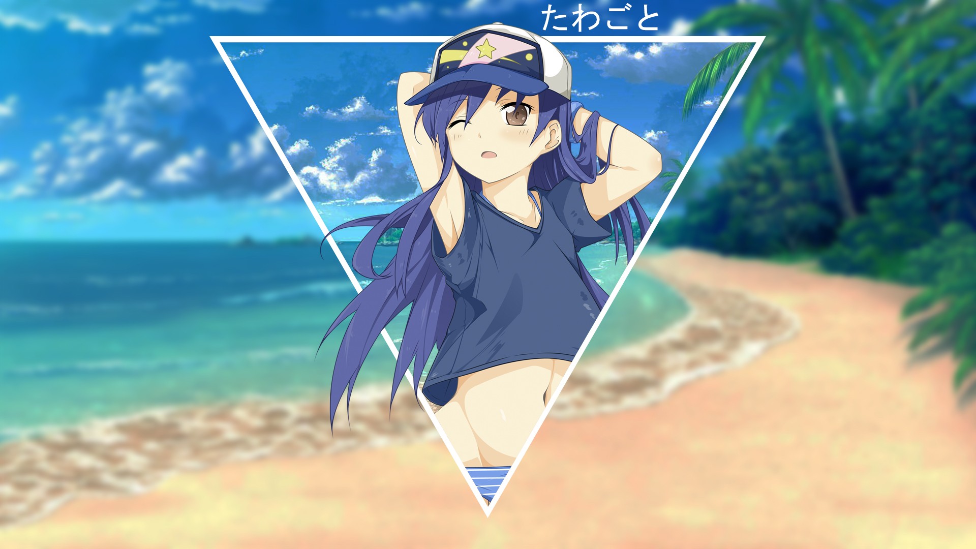 Anime girl in a cap on a beach HD Wallpaper
