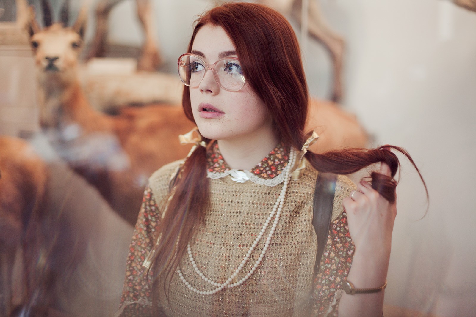 Redhead woman with glasses and pigtails HD Wallpaper