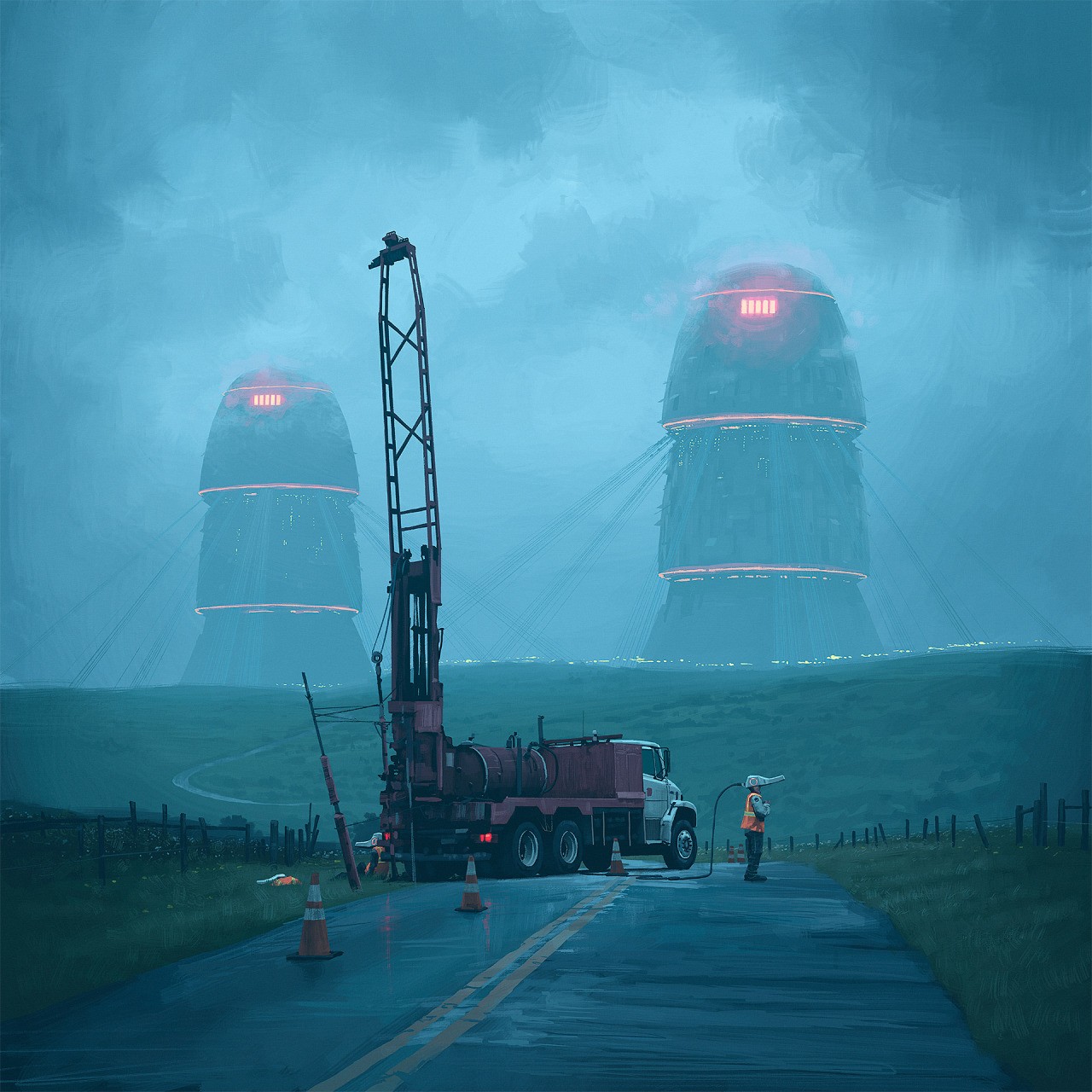 Simon Stålenhag's science fiction landscape with drilling rig HD Wallpaper