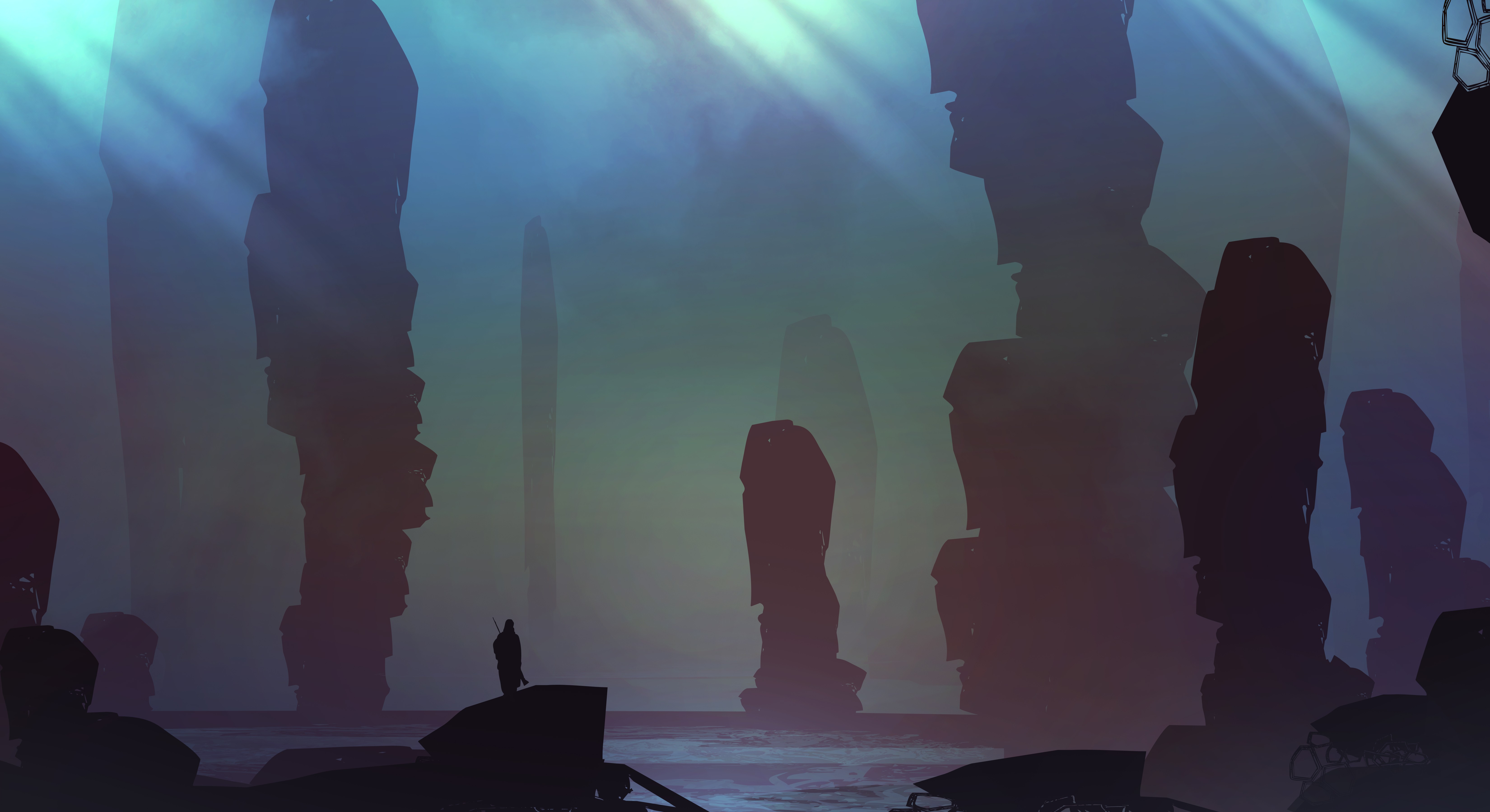 Fantasy art of a lone figure in a rocky, misty landscape HD Wallpaper
