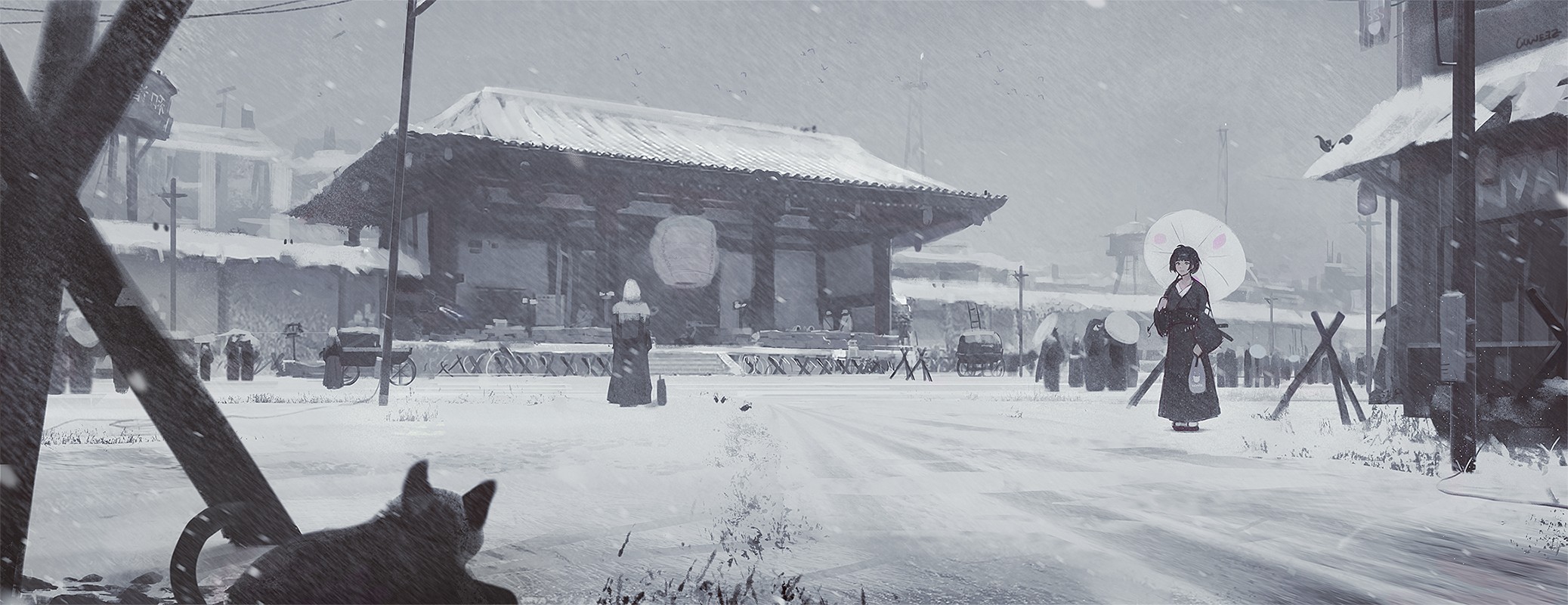 Anime girl with parasol in a snowy town HD Wallpaper