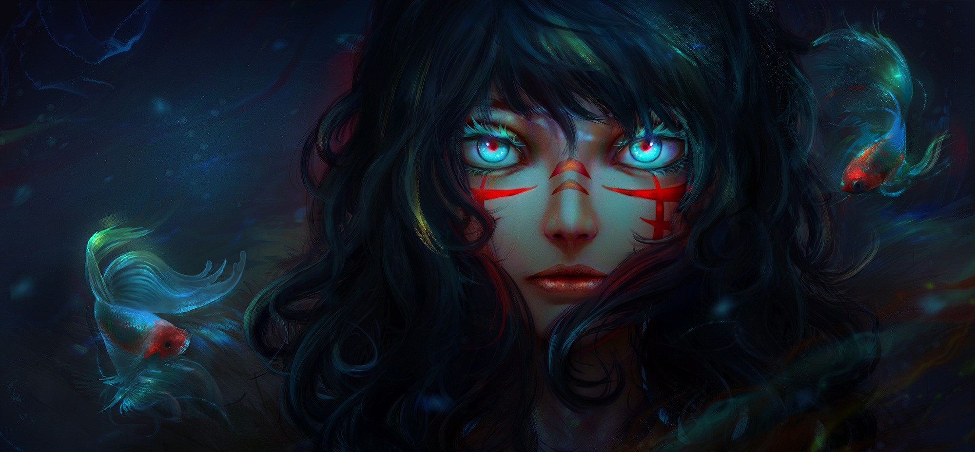 Anime girl with blue eyes and red markings surrounded by fish HD Wallpaper
