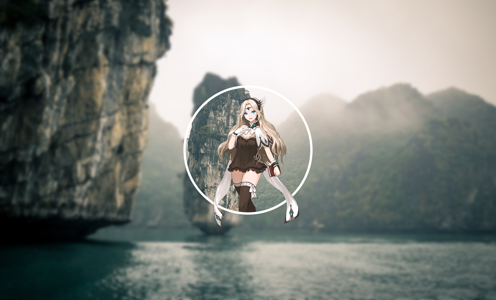 Anime girl in a circle with mountains and water HD Wallpaper