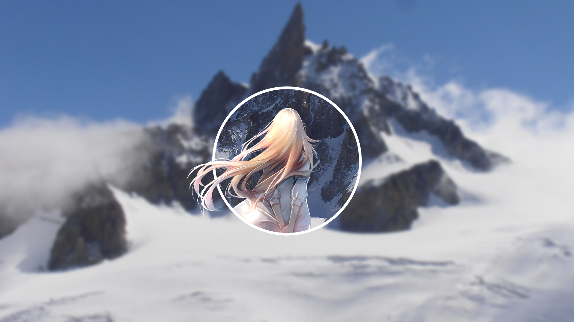 Anime girl with blonde hair in front of snowy mountains HD Wallpaper