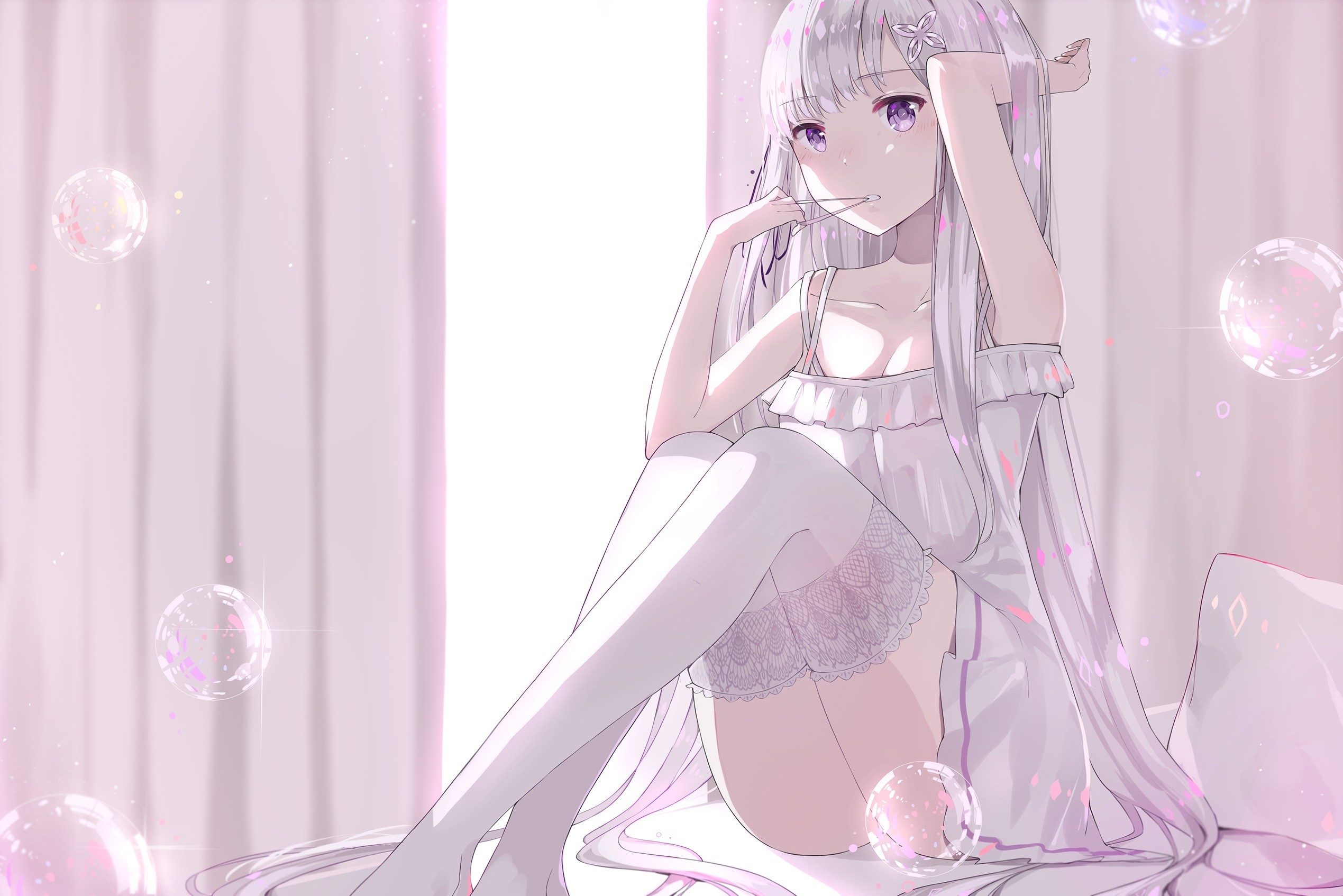 Emilia in white dress with thigh-highs and bubbles HD Wallpaper