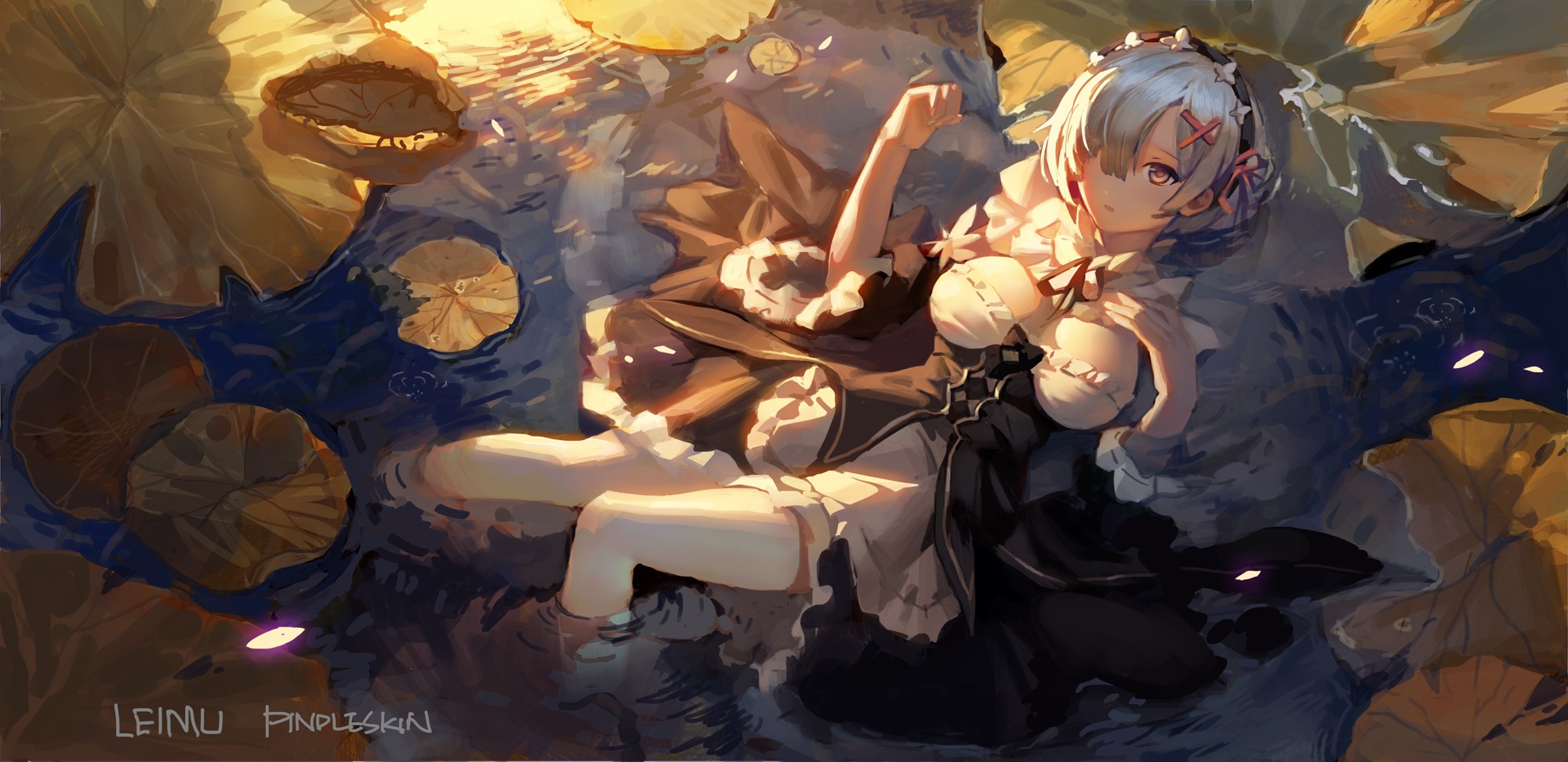 Rem from Re:Zero in water with lotus leaves HD Wallpaper