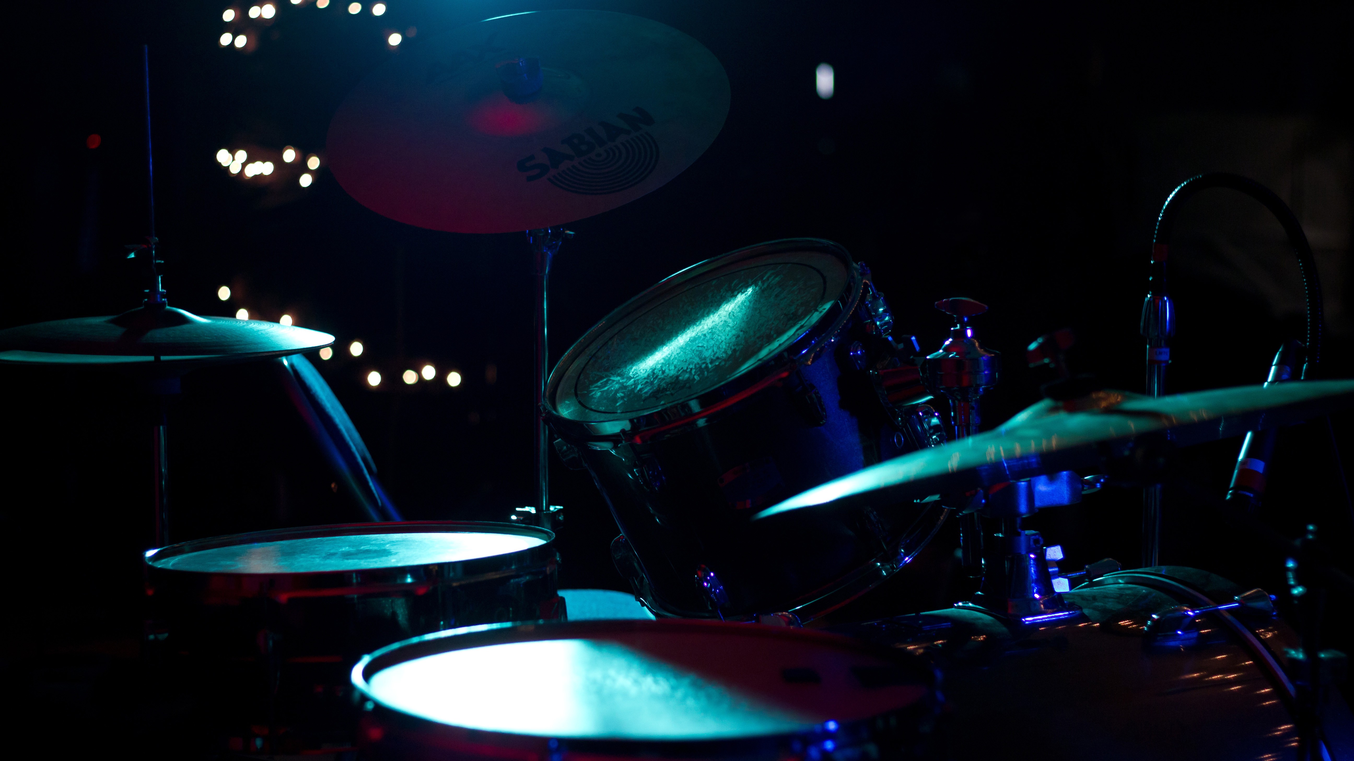 Drum set with cymbals and lights HD Wallpaper