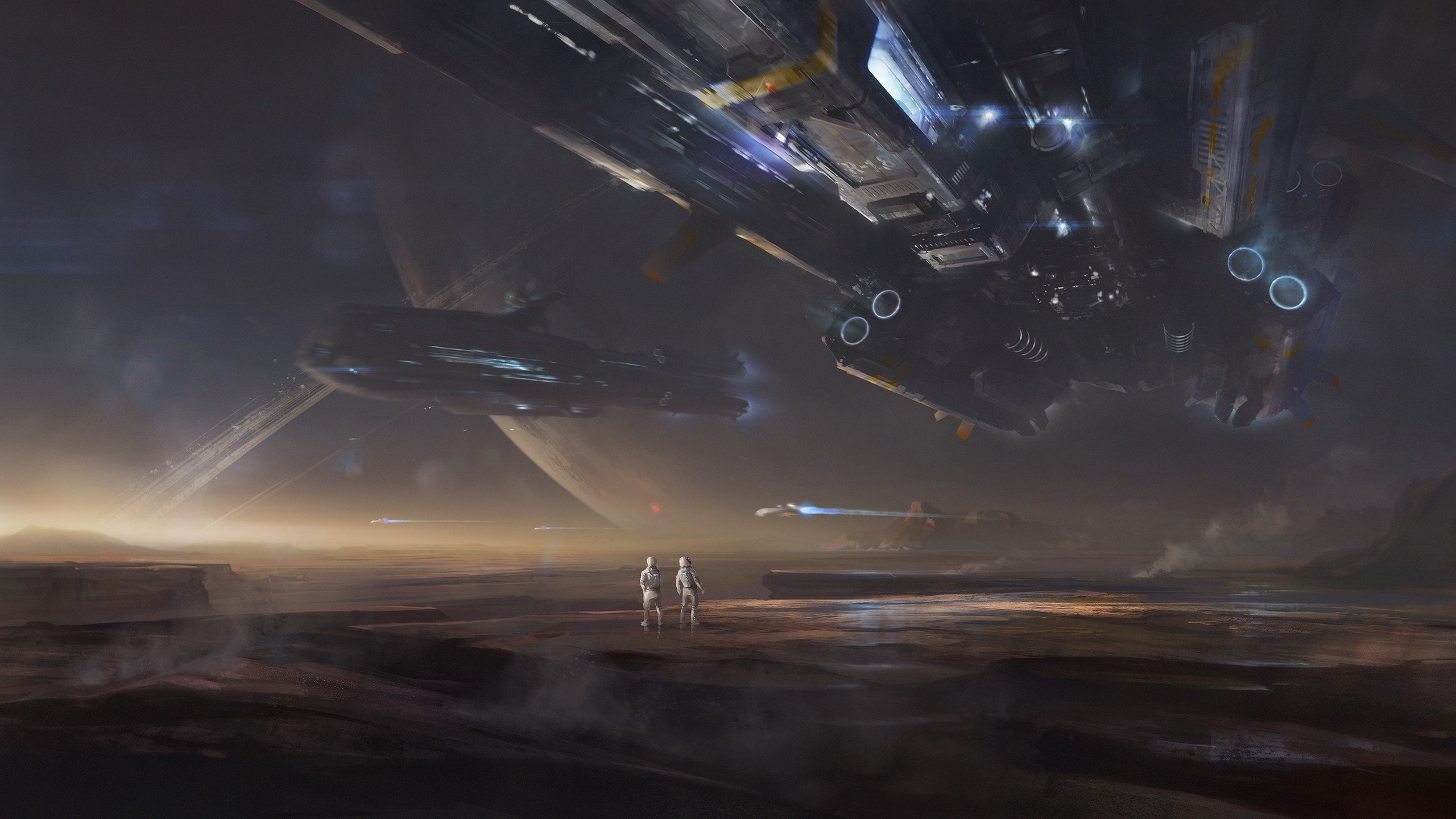 Artwork of spaceships landing on a desolate planet HD Wallpaper