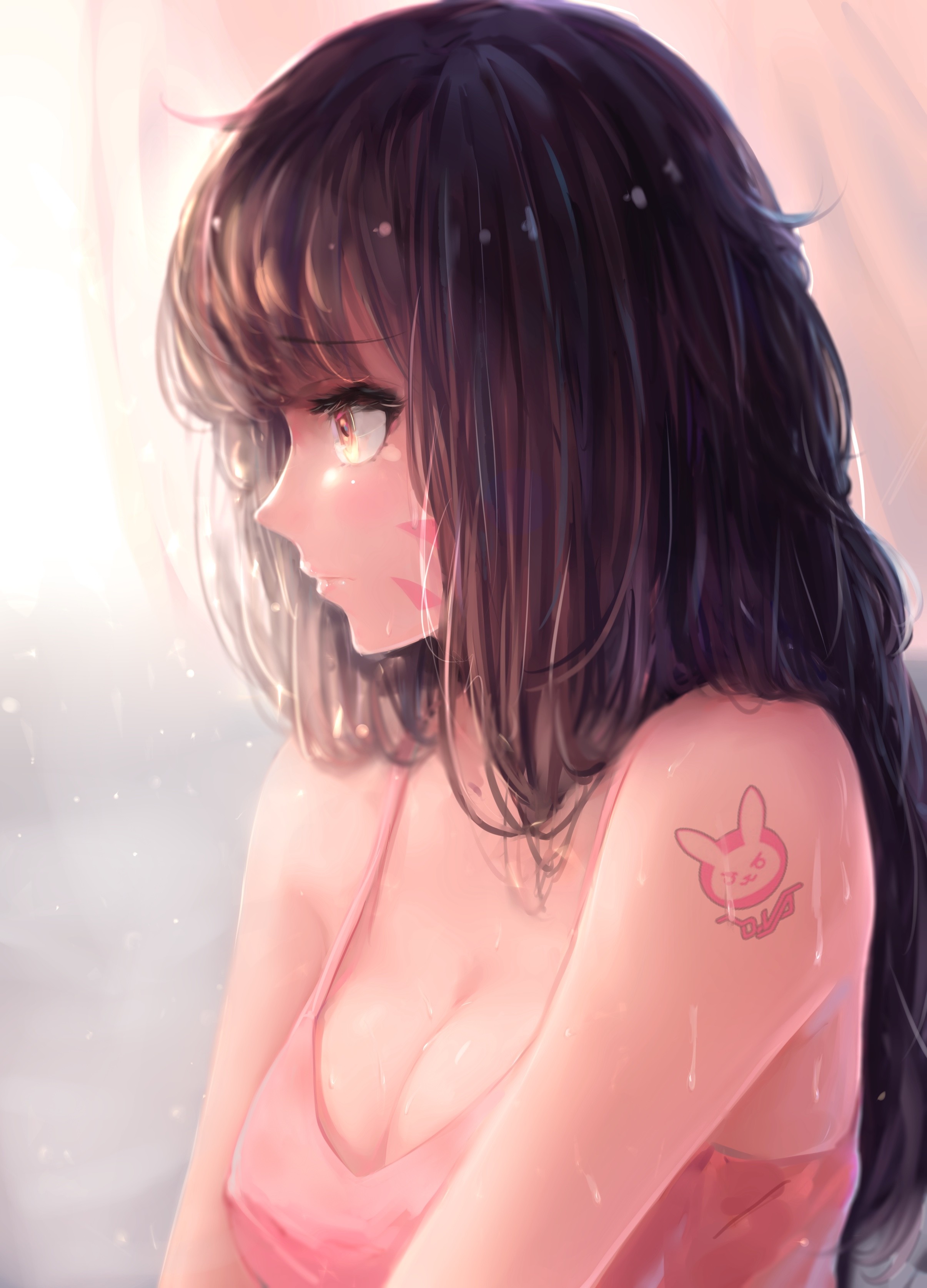 D.Va (Overwatch), brunette, Overwatch, wet clothing, cleavage, long hair, wet, tattoo, open shirt HD Wallpaper