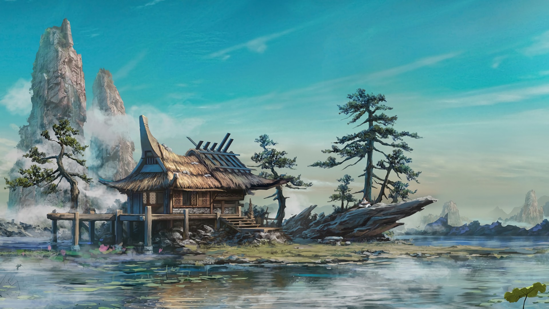 Digital painting of a house by a lake with mountains HD Wallpaper