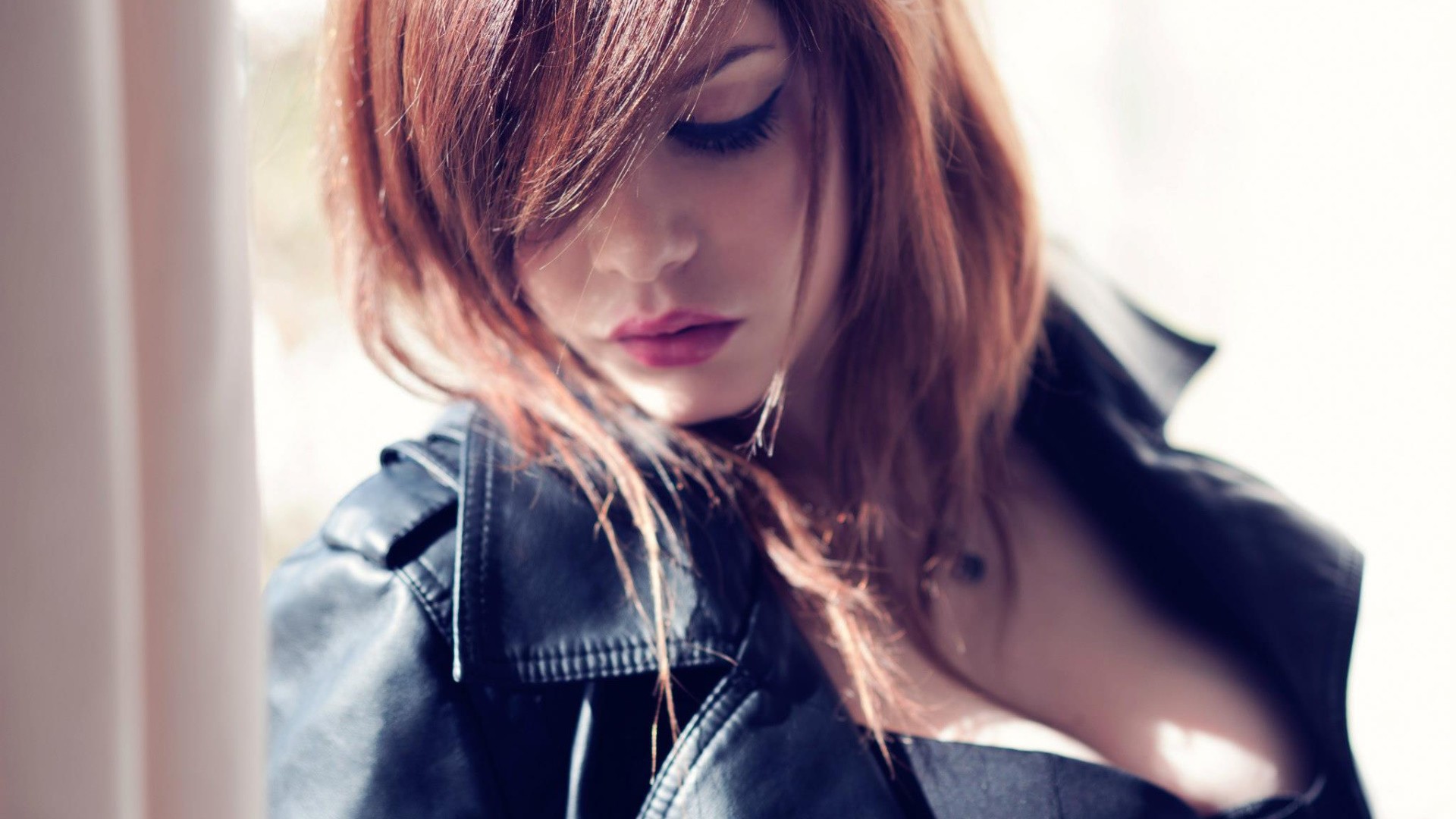 Redhead woman in a black leather jacket HD Wallpaper