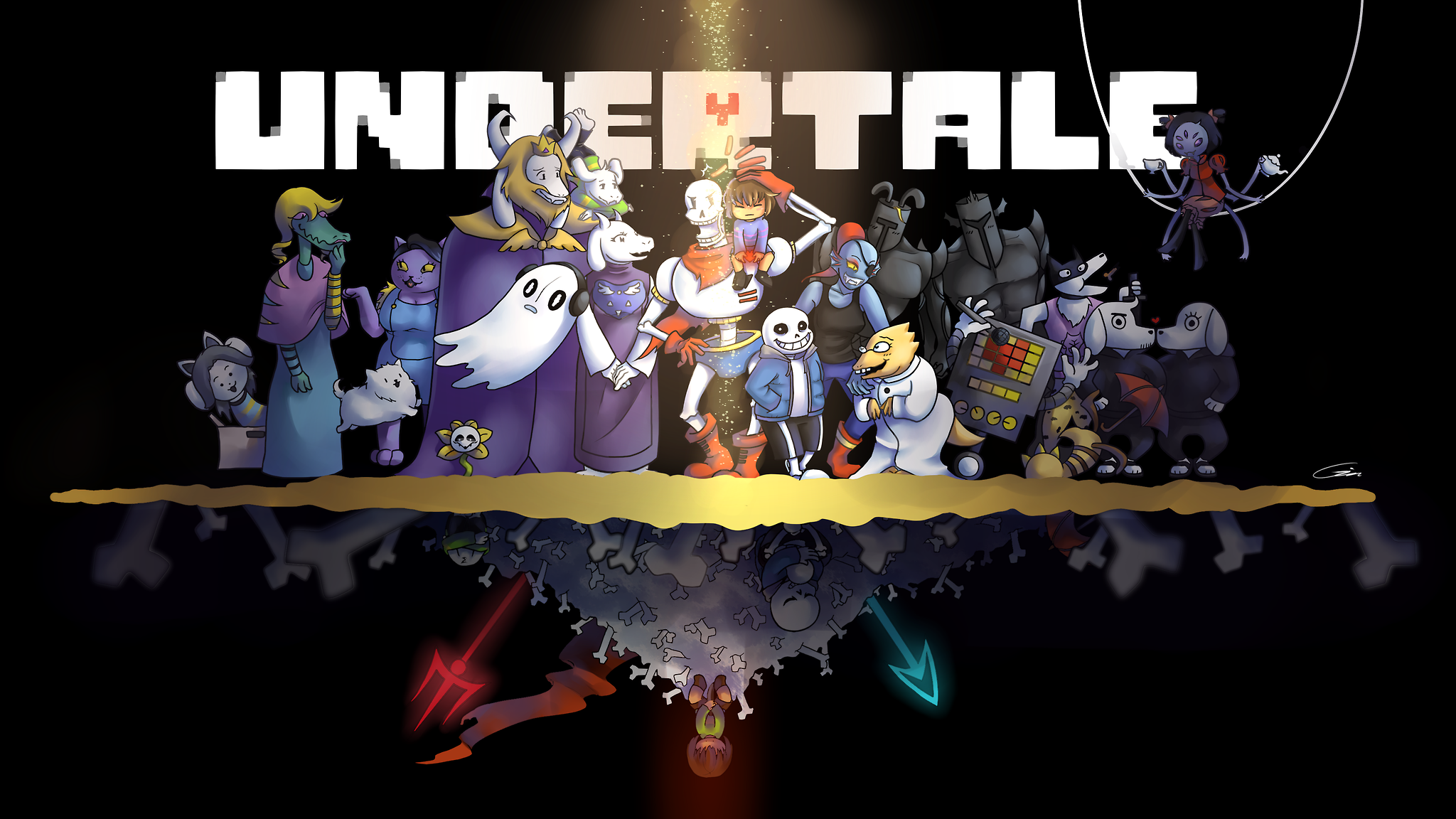 Undertale characters gathered on a golden platform with reflections below HD Wallpaper