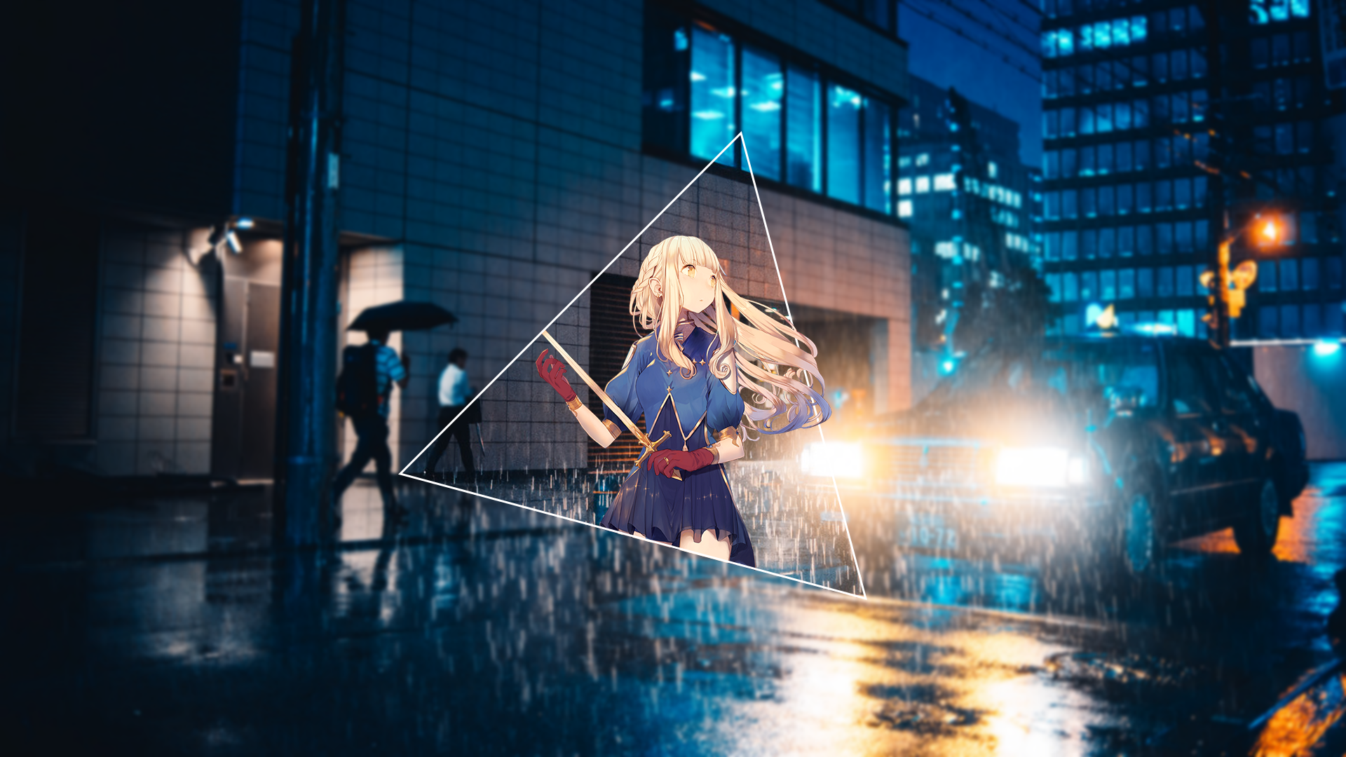 Anime girl with sword in rainy city HD Wallpaper