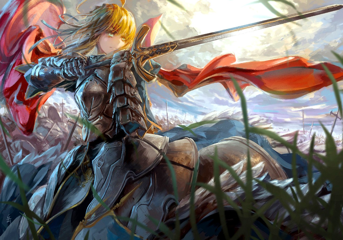 Saber with a sword on a battlefield HD Wallpaper