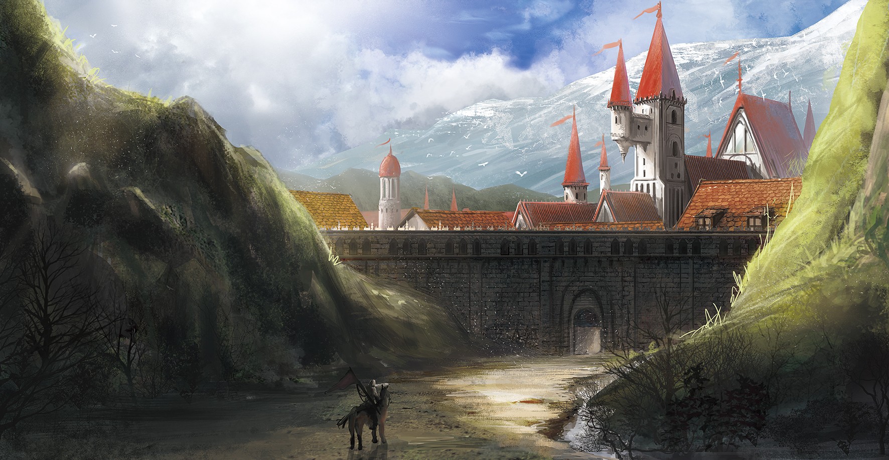 Fantasy castle with knight on horseback HD Wallpaper