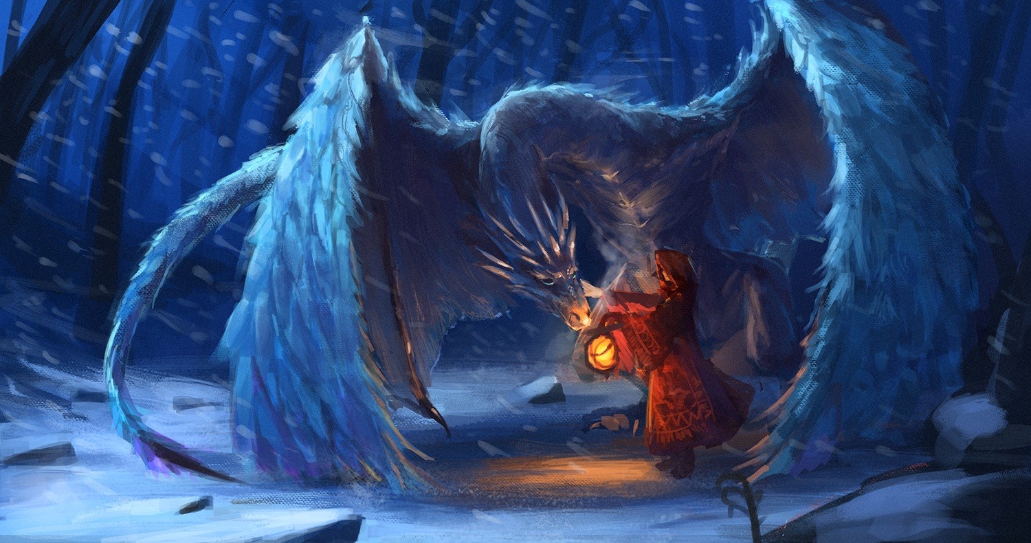 Fantasy artwork of a dragon and a person in snow HD Wallpaper