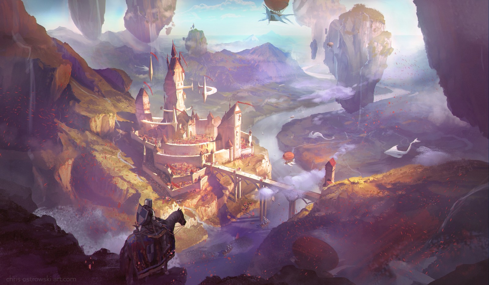 Fantasy castle on floating islands with a knight on horseback HD Wallpaper
