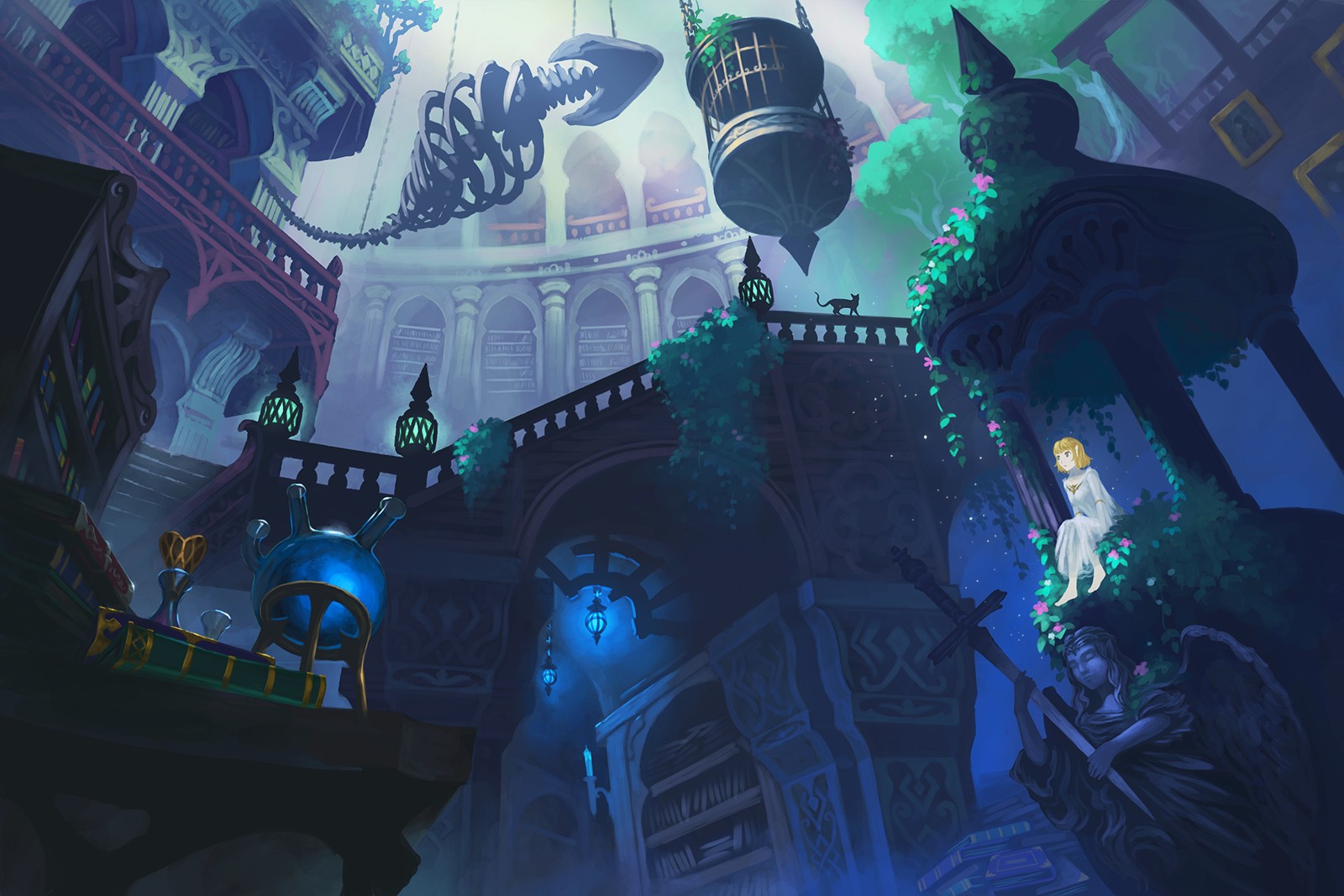 Fantasy library with a girl and a skeleton HD Wallpaper