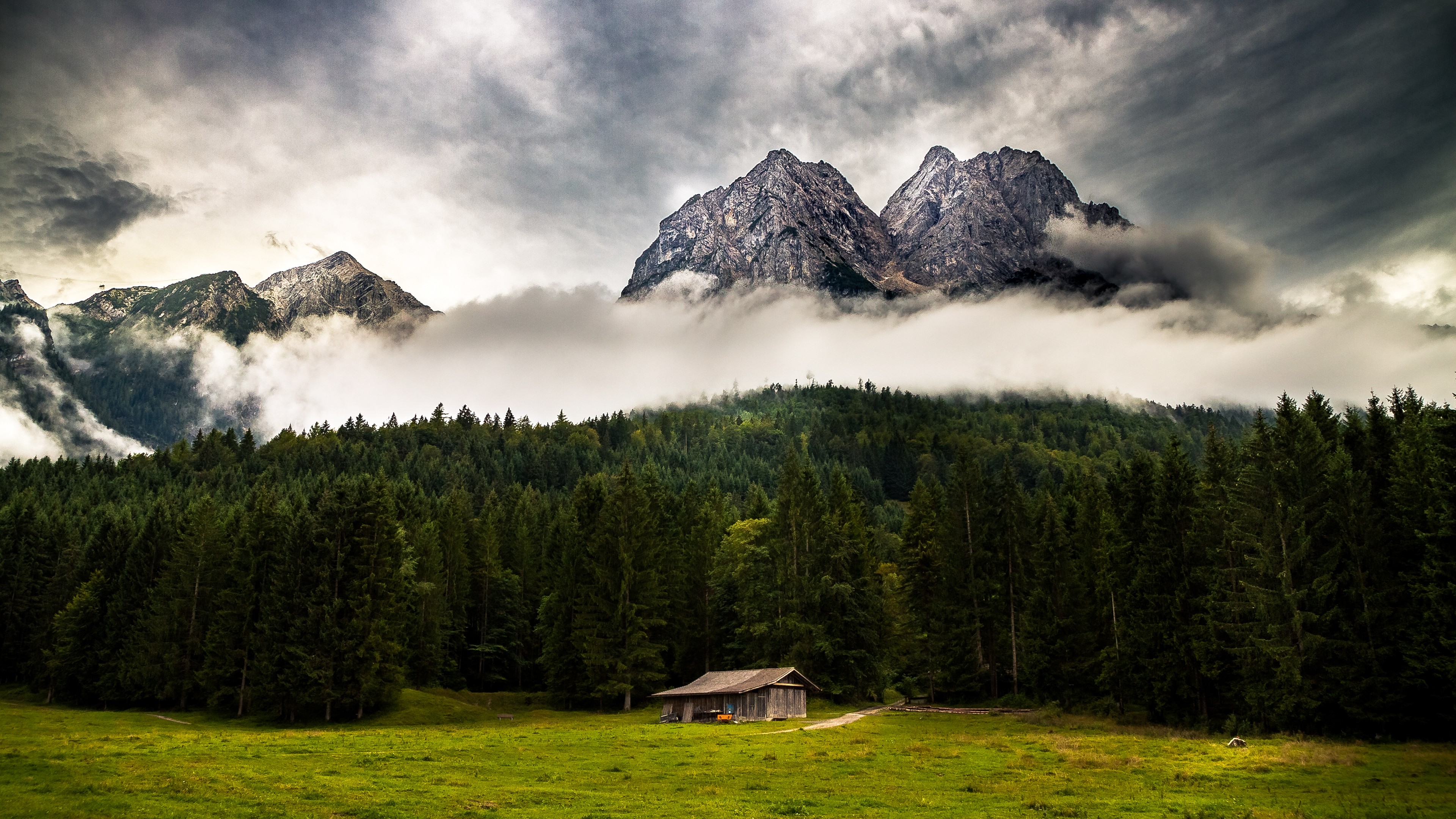 Cabin in the mountains with forest and clouds HD Wallpaper