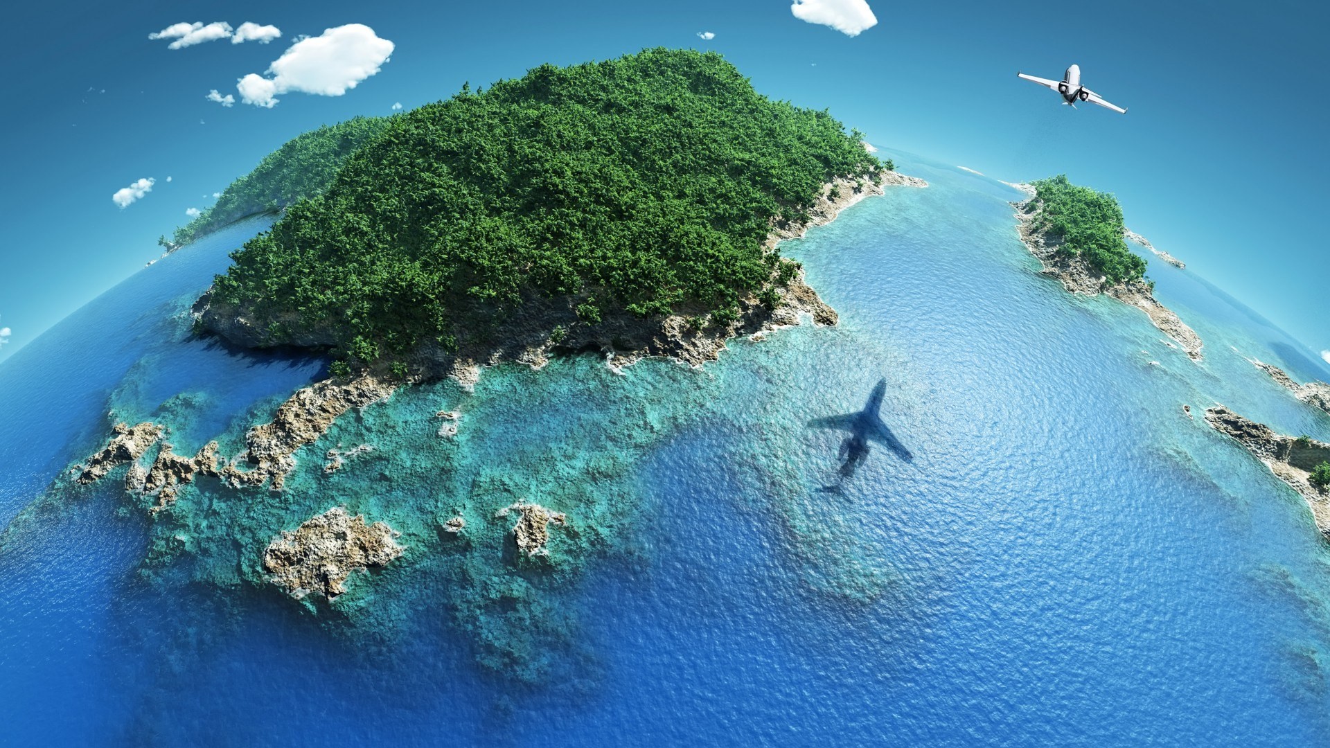airplane, island, trees, aerial view, coast, coral reef, landscape, photo manipulation, fisheye lens, clouds, nature, shadow, forest, sea HD Wallpaper