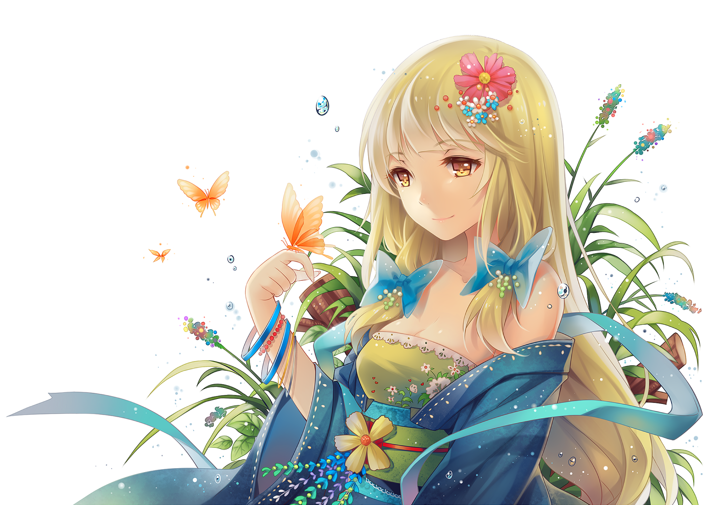 Anime girl with blonde hair and butterflies HD Wallpaper