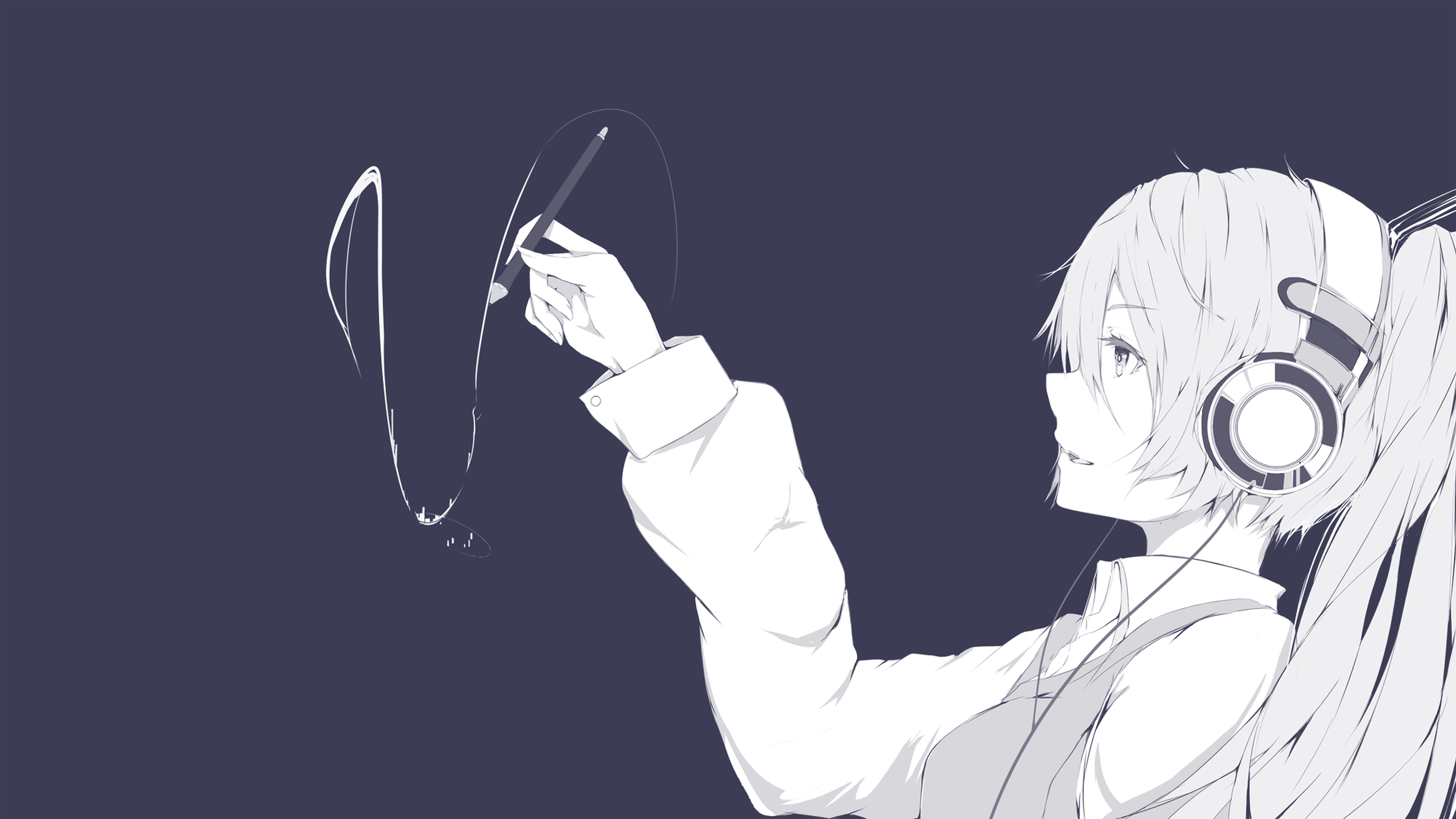 Anime girl with headphones drawing with a stylus HD Wallpaper
