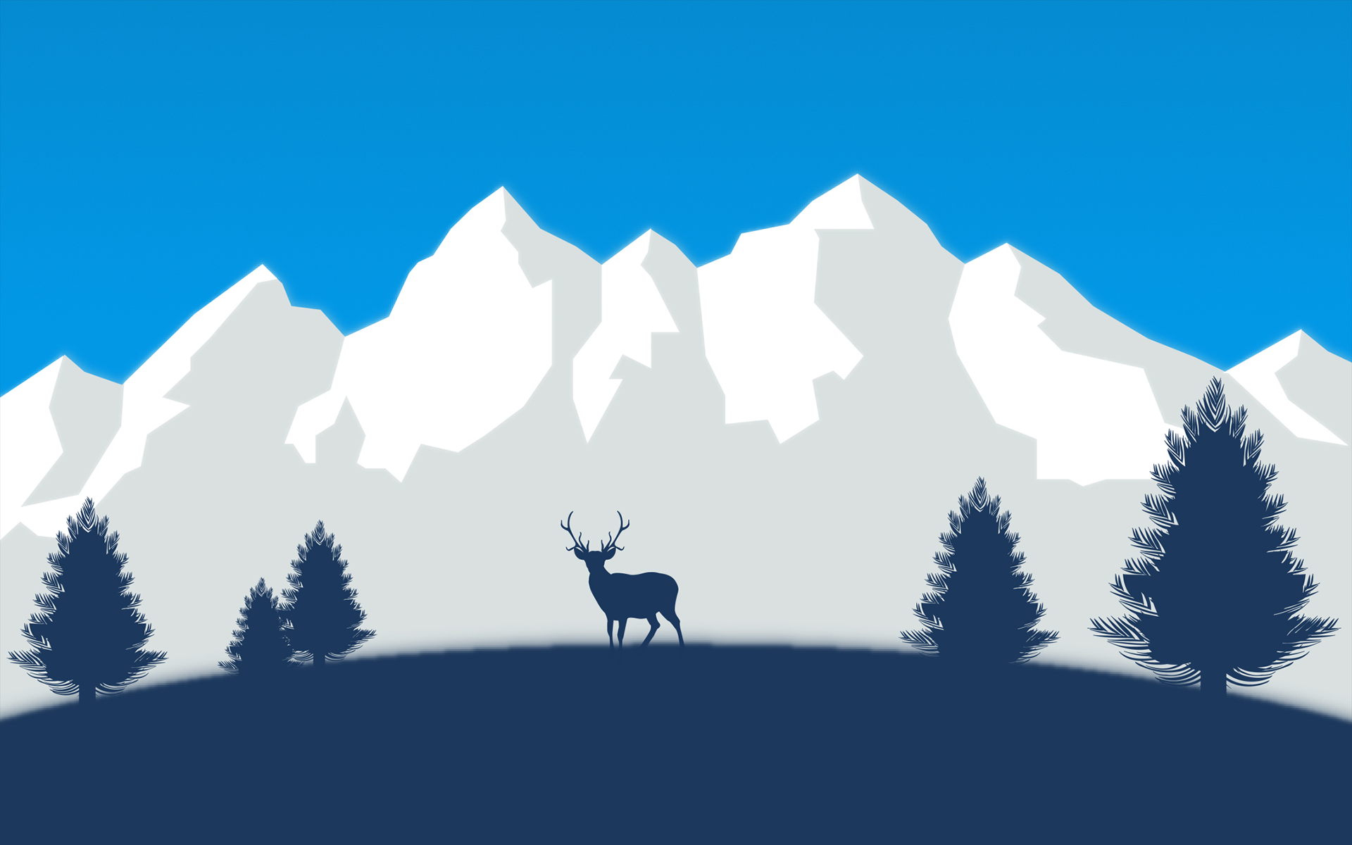 Deer in front of snow-capped mountains and pine trees HD Wallpaper