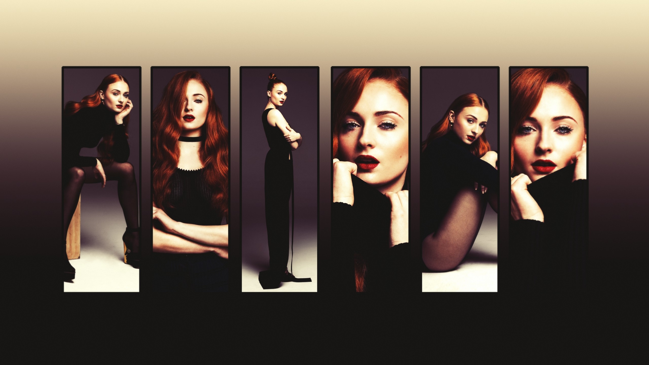 Sophie Turner in black outfits with red lipstick HD Wallpaper