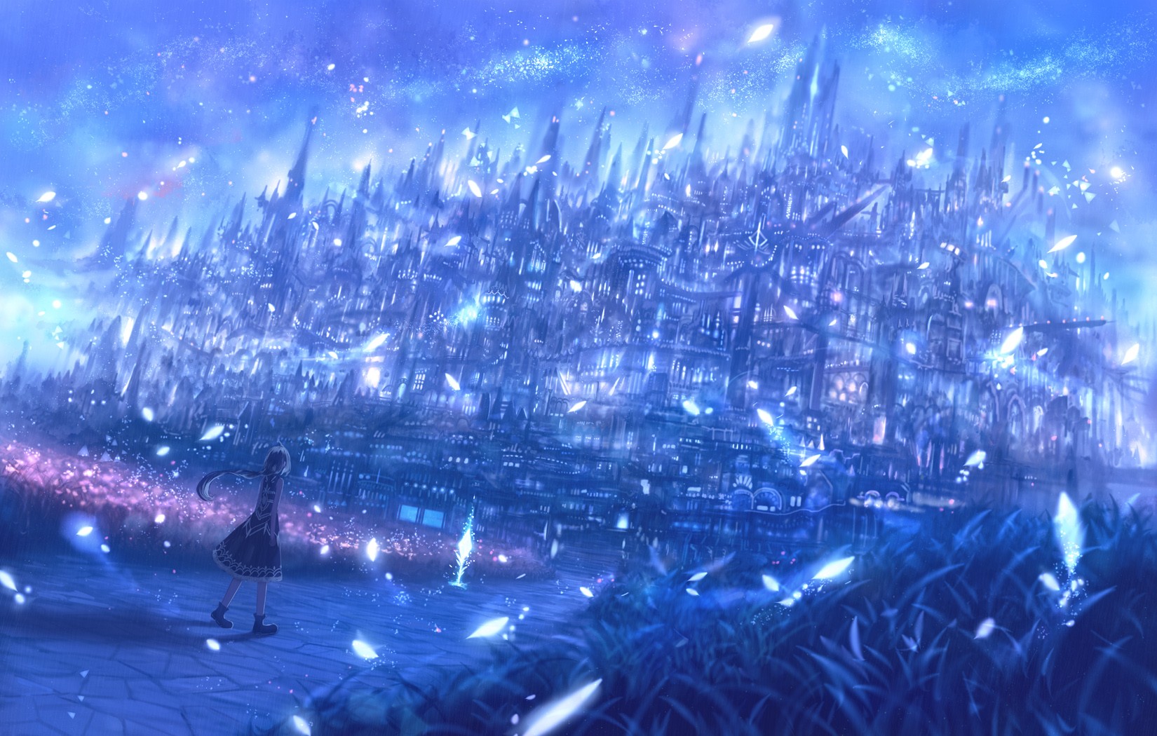 Fantasy art of a magical city with a girl HD Wallpaper