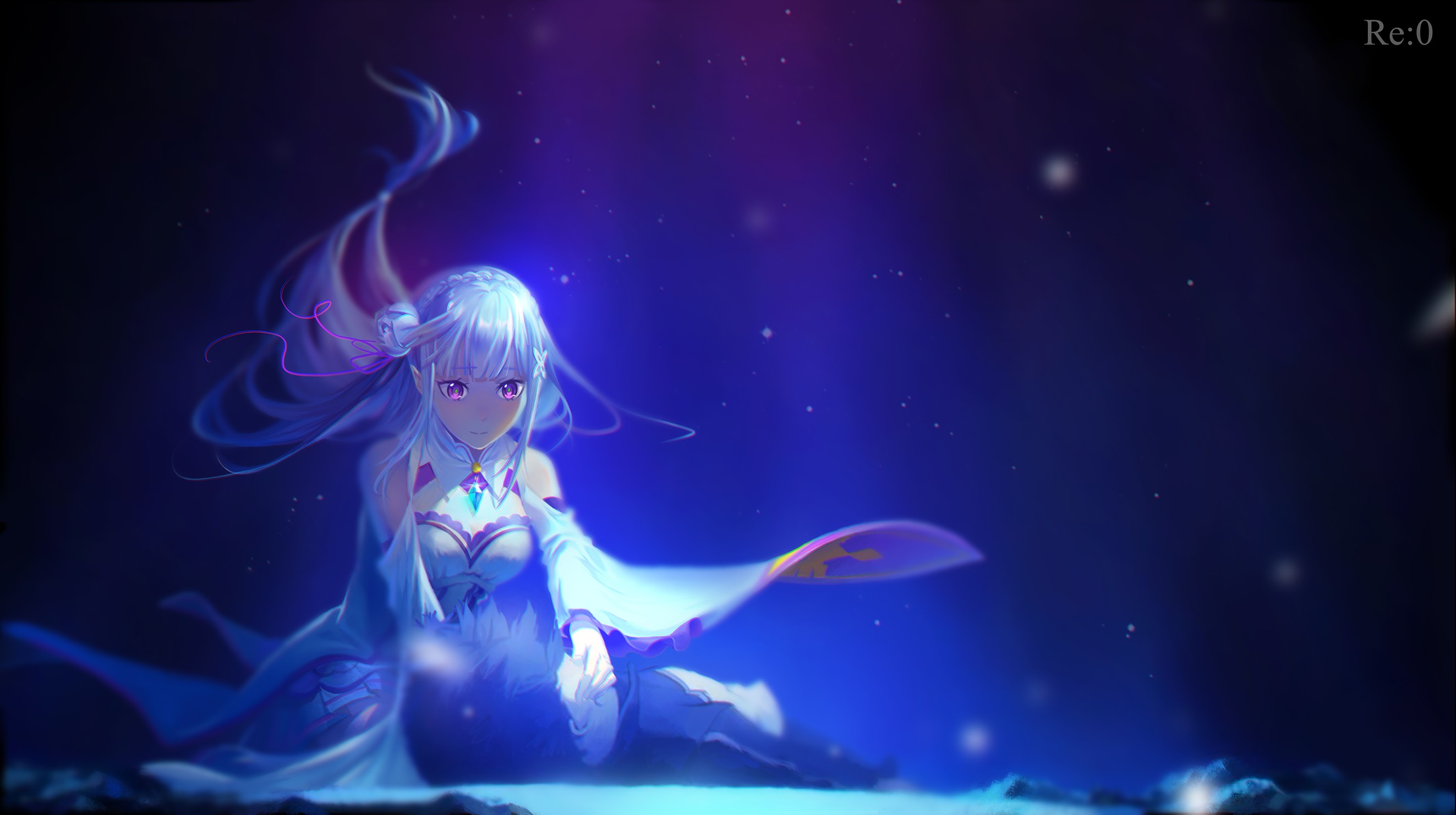 Emilia from Re: Zero in a dark, starry environment HD Wallpaper