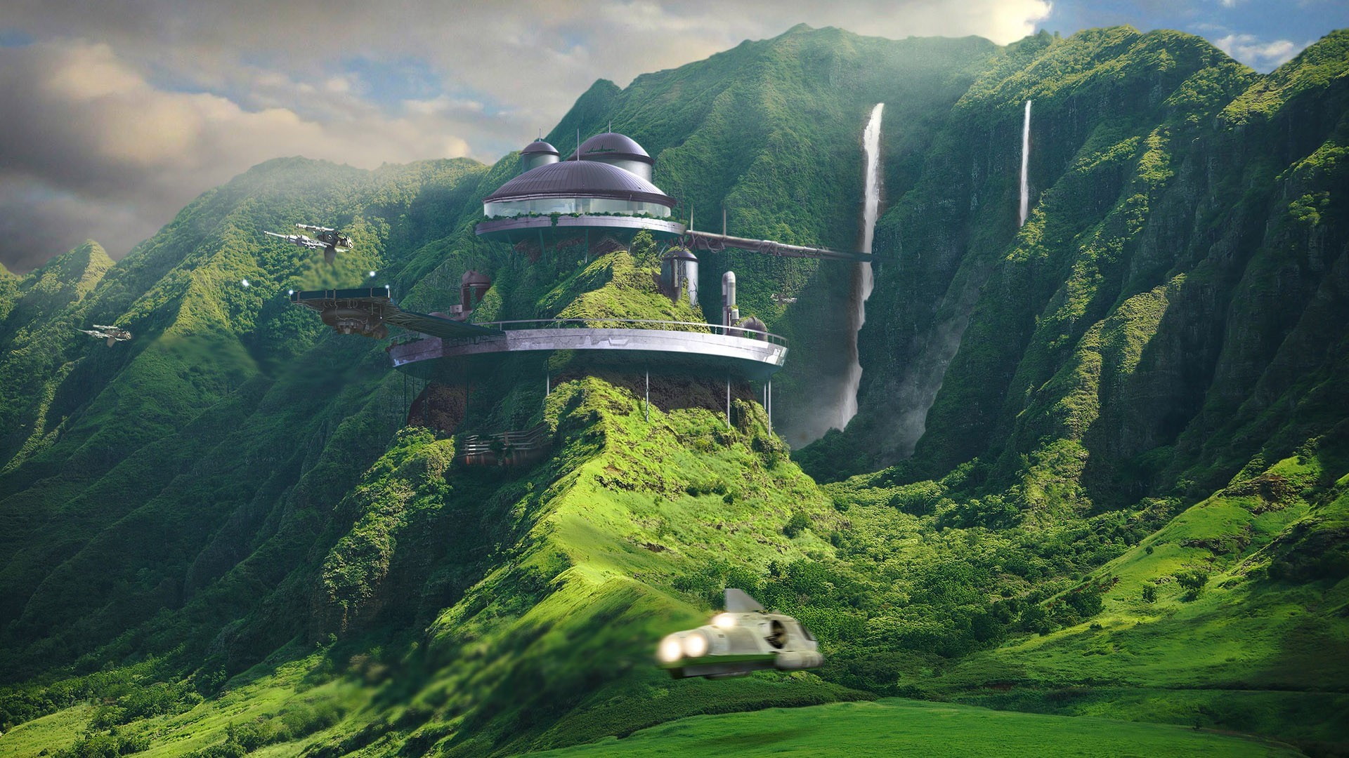 Futuristic buildings on a lush green mountainside with waterfalls HD Wallpaper