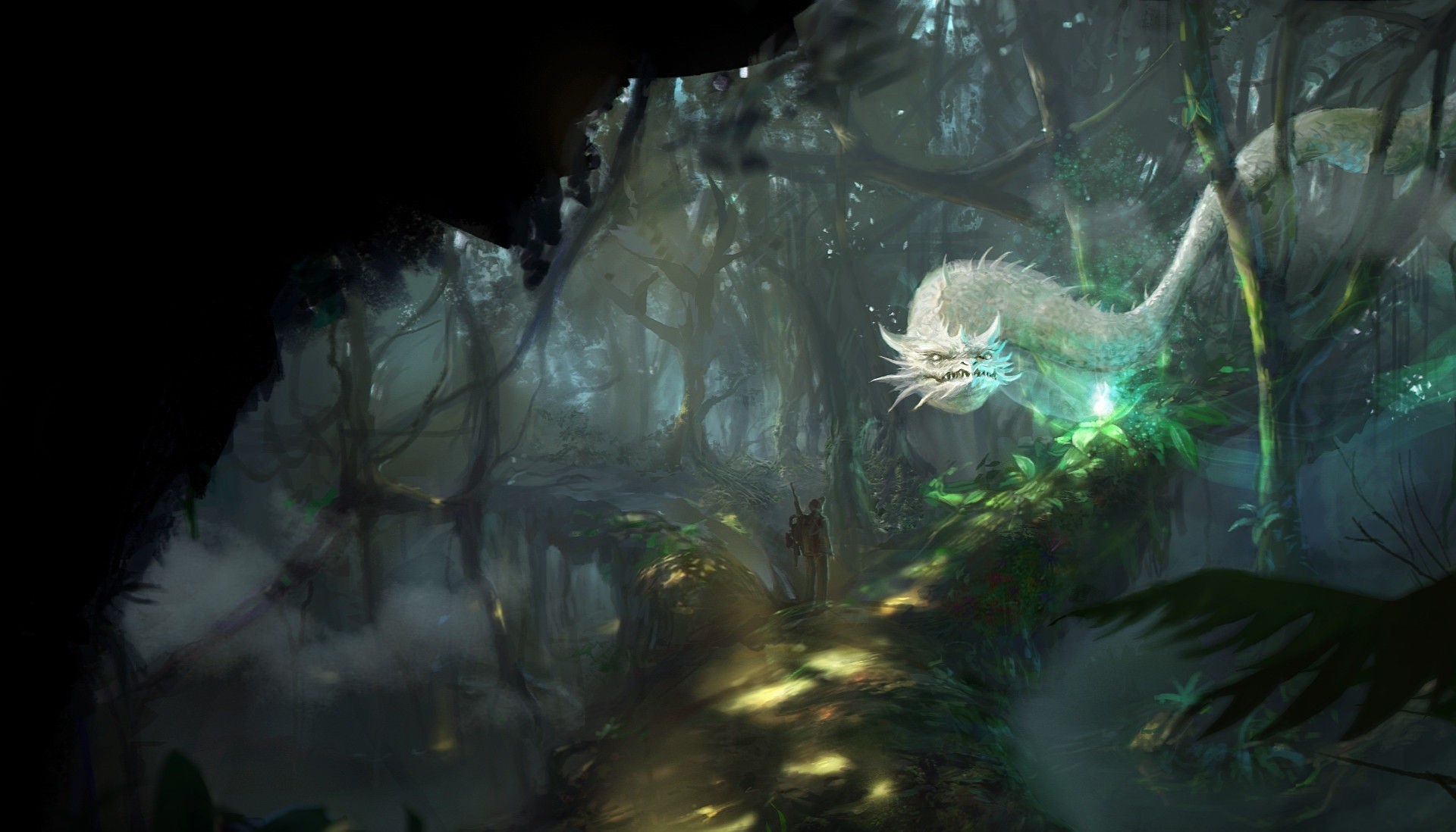 Fantasy art of a dragon in a forest HD Wallpaper