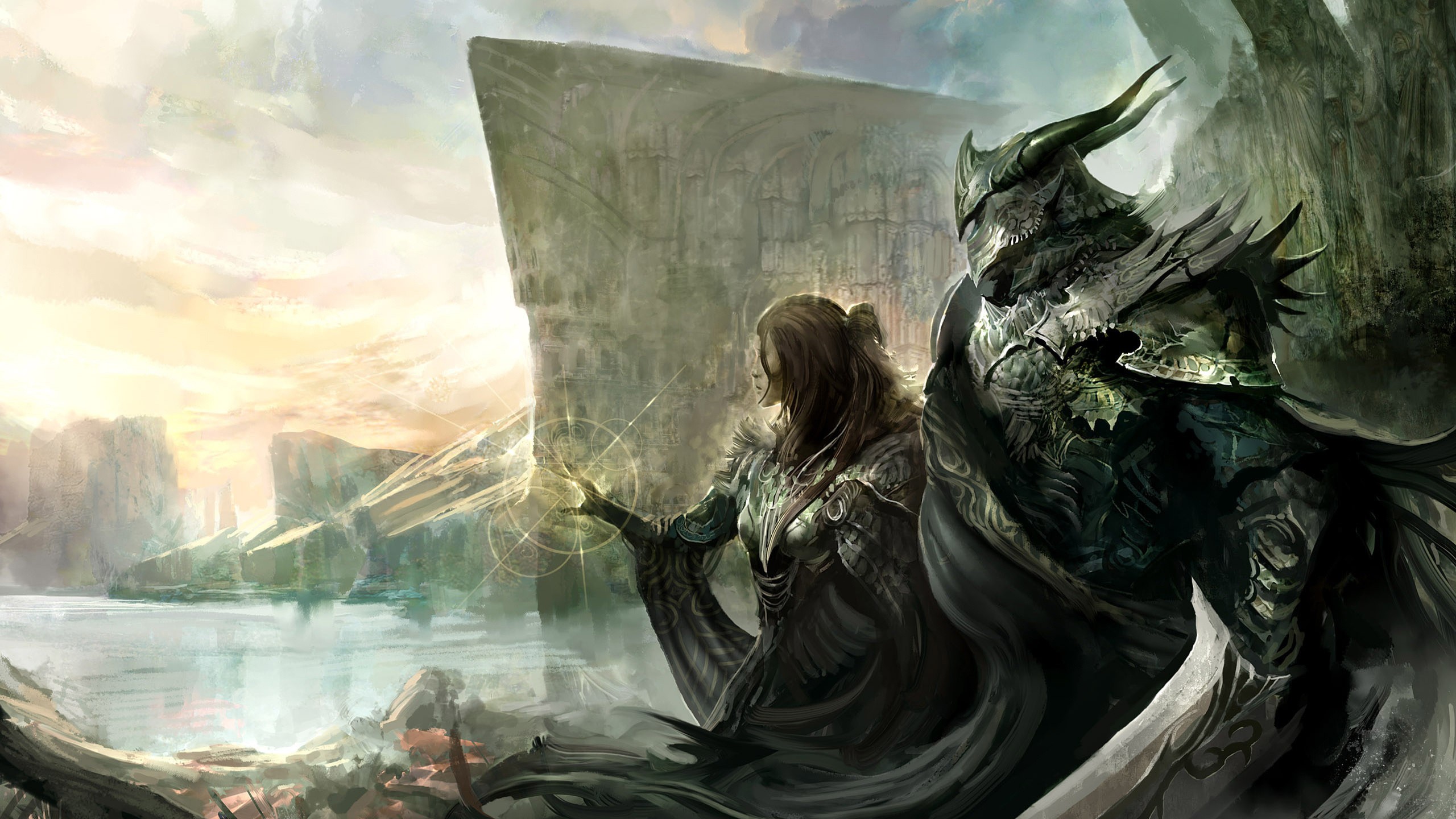 Warrior and mage by a lake with ancient ruins HD Wallpaper