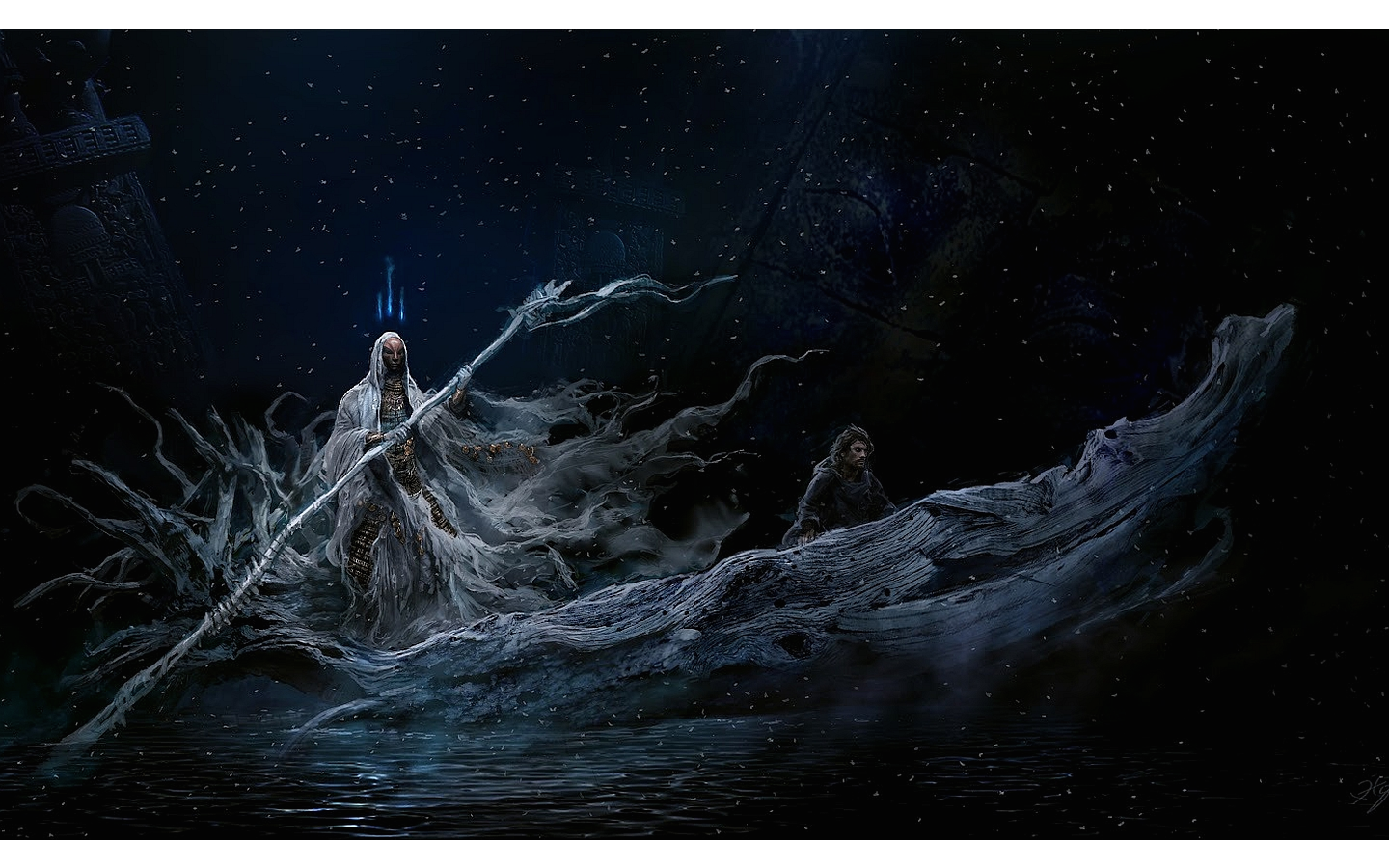 Warrior with spear in a boat on water HD Wallpaper