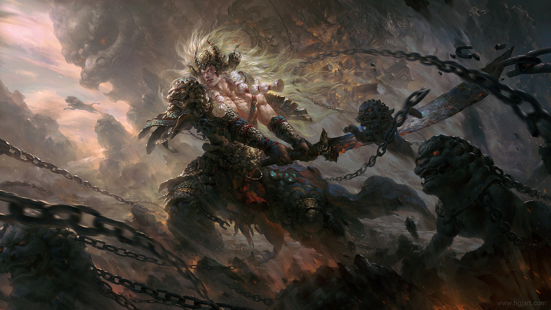 Warrior with chains and armor in a battle HD Wallpaper