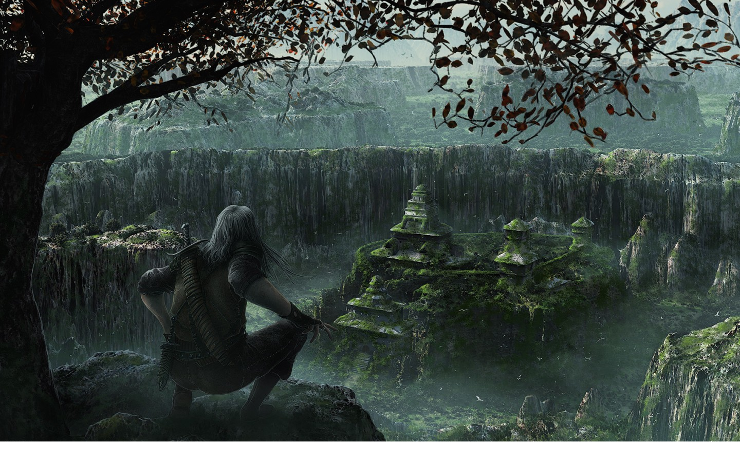 Warrior overlooking ancient moss-covered ruins in a canyon HD Wallpaper