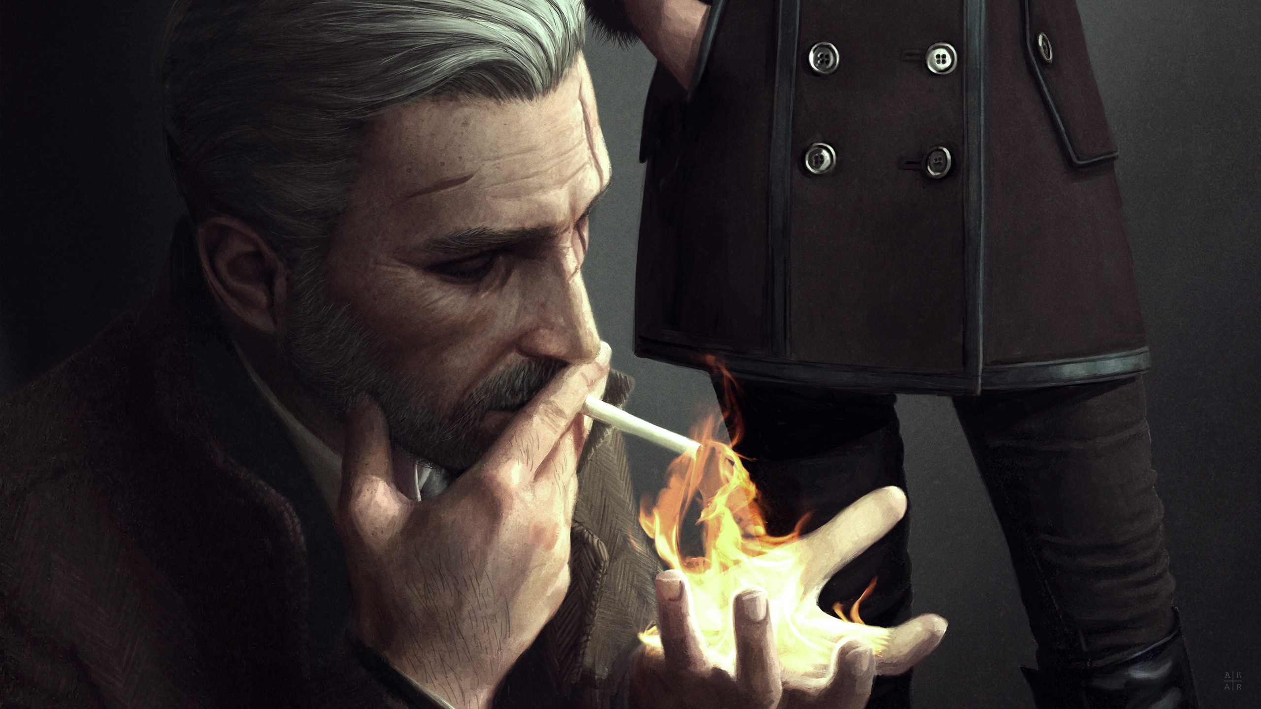 Geralt of Rivia lighting a cigarette with fire magic HD Wallpaper