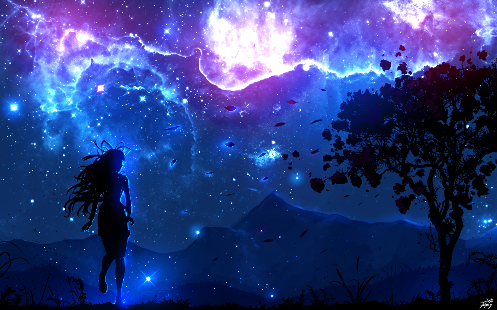 Anime girl under a starry galaxy sky HD Wallpaper