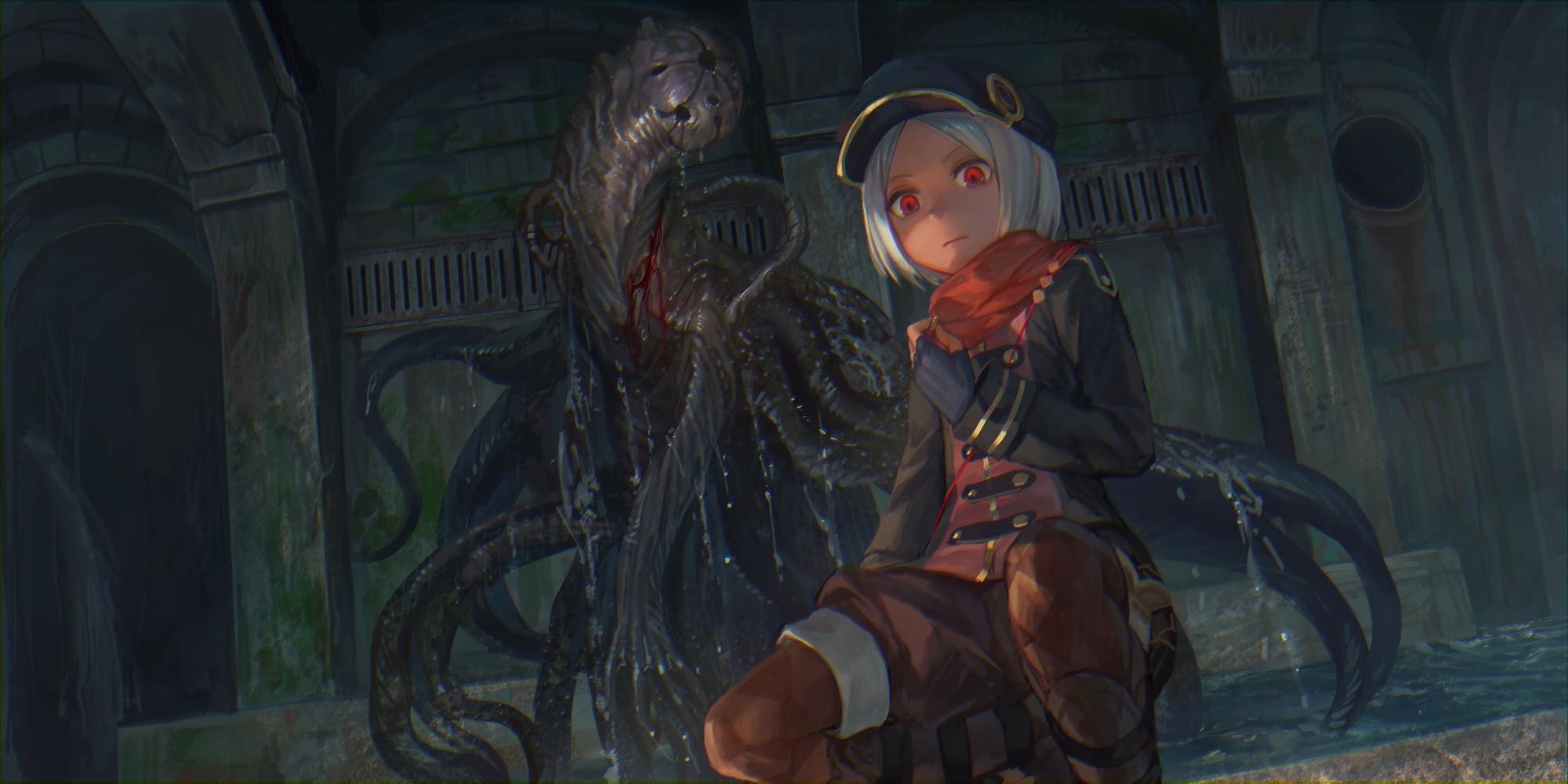 Anime girl with red eyes and a monster in a dungeon HD Wallpaper
