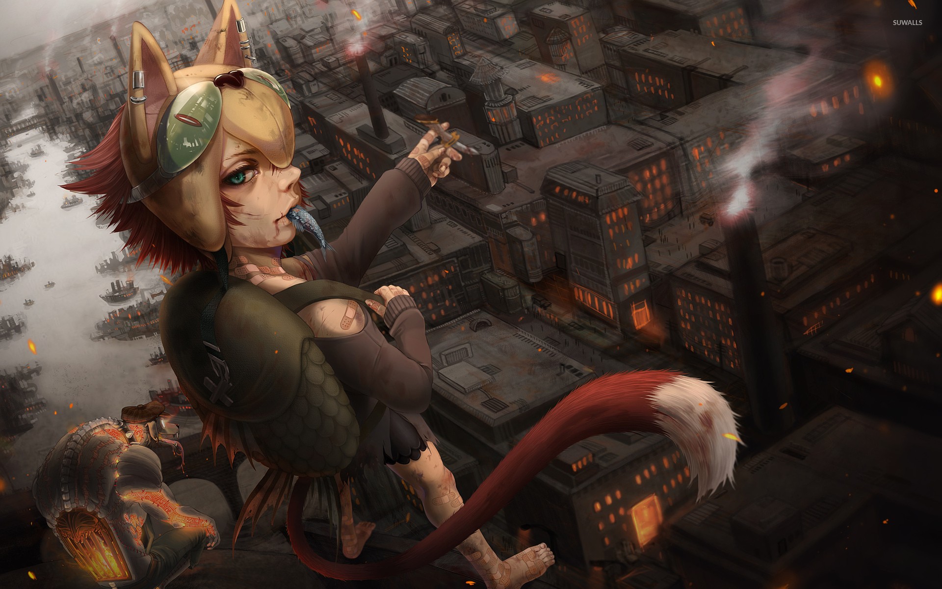 Anime girl with fox ears and tail in a city HD Wallpaper