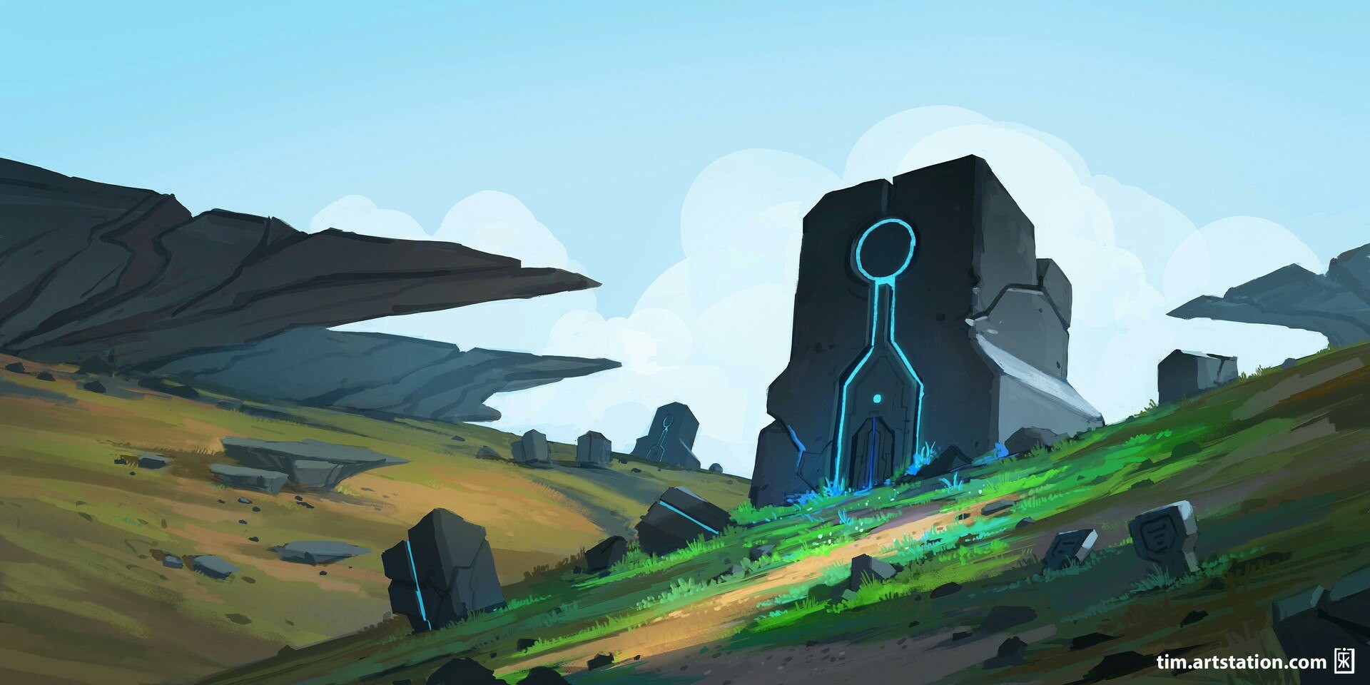 Alien monolith in a rocky, grassy landscape HD Wallpaper
