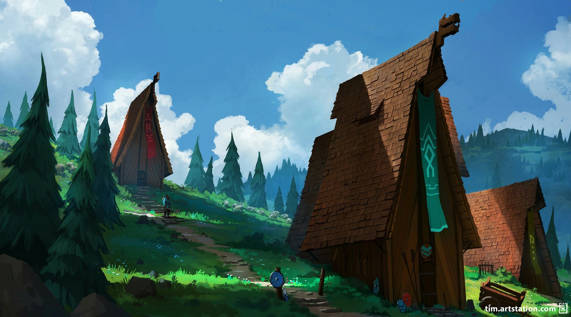 Viking village in a green mountain landscape HD Wallpaper