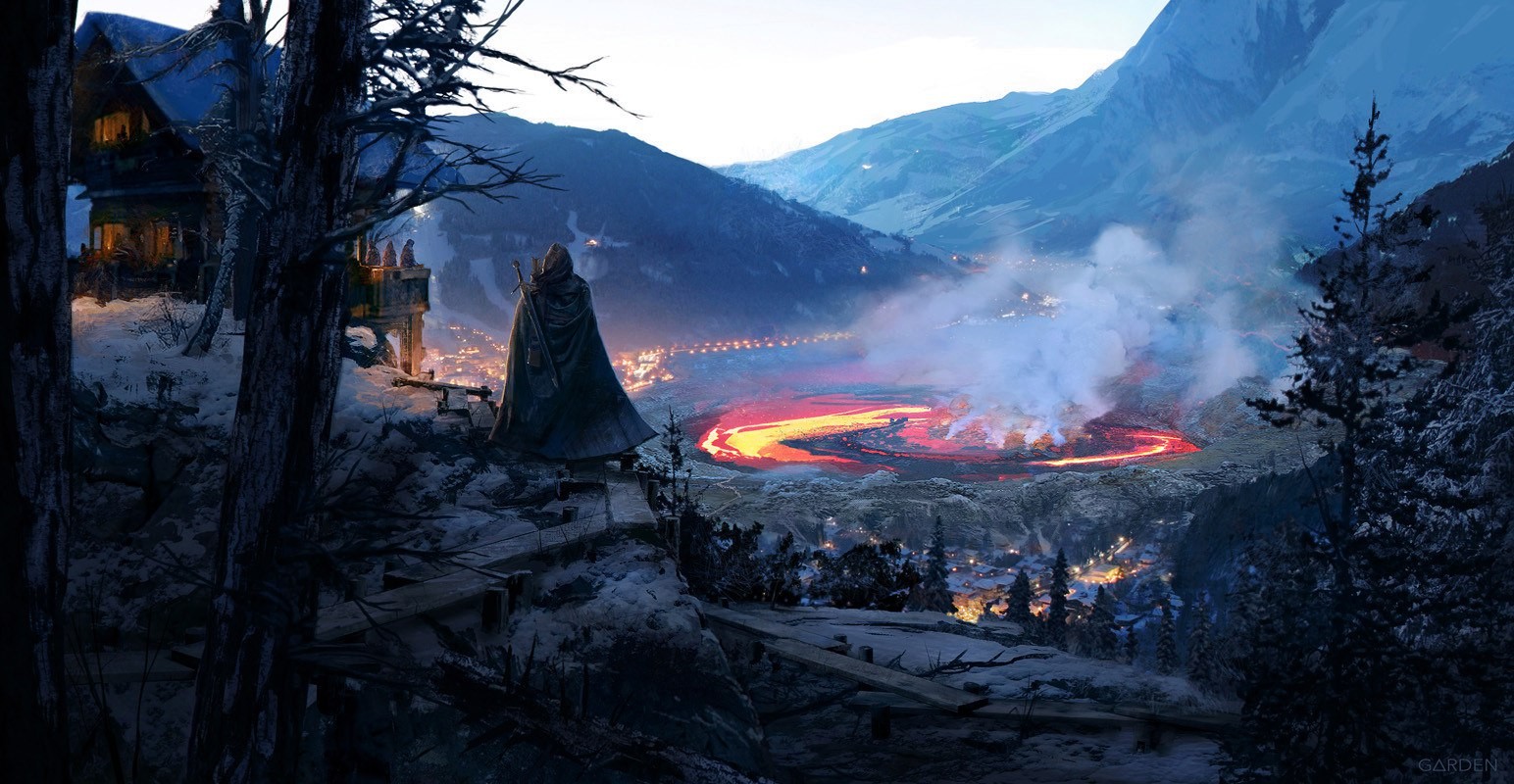Digital art of a figure overlooking a volcanic valley HD Wallpaper