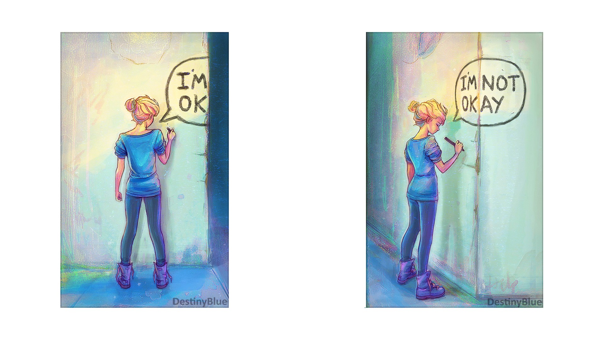 Woman writing "I'm OK" and "I'm Not Okay" on wall HD Wallpaper