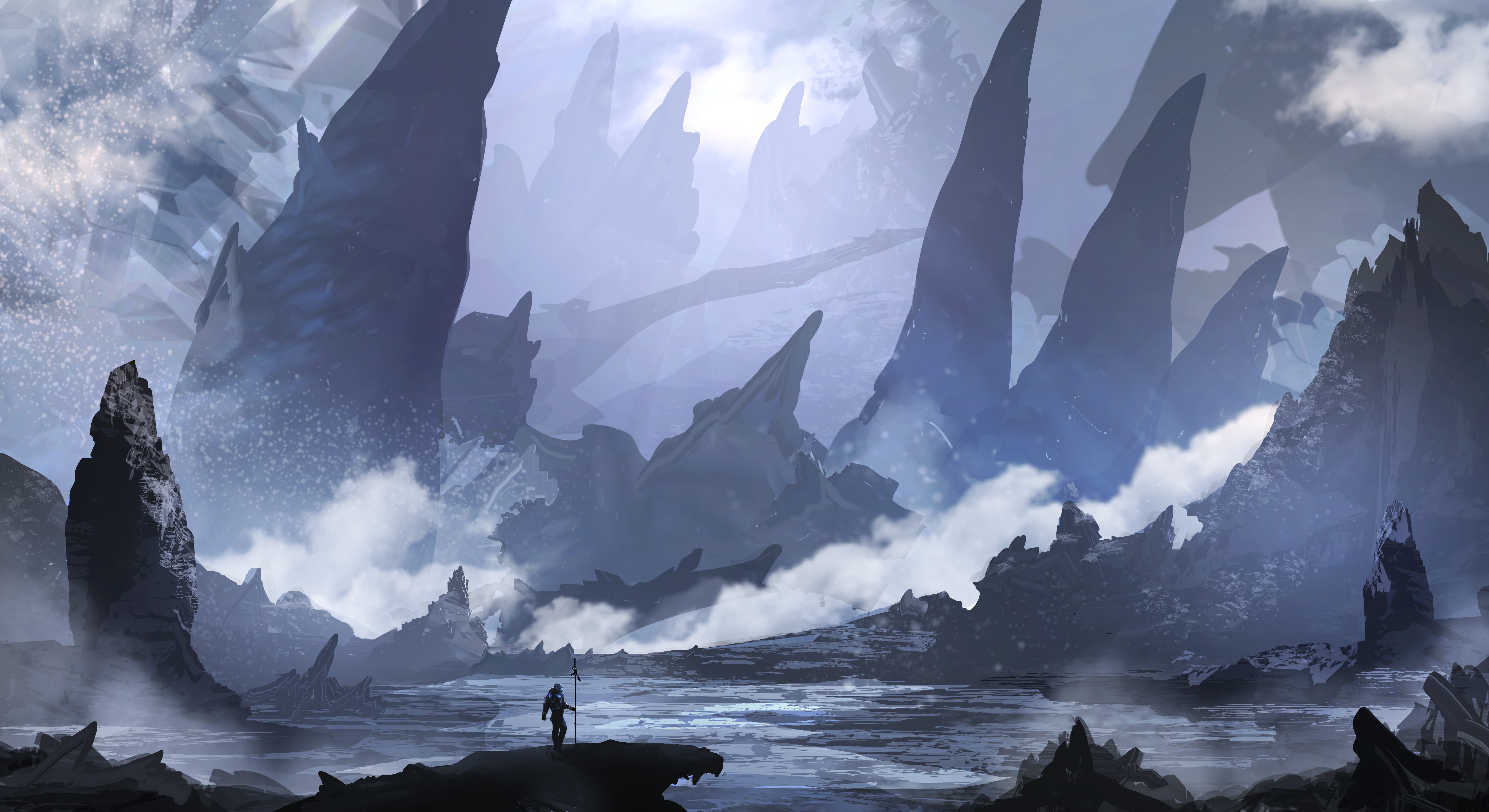 A lone figure stands on a frozen landscape with jagged ice formations HD Wallpaper